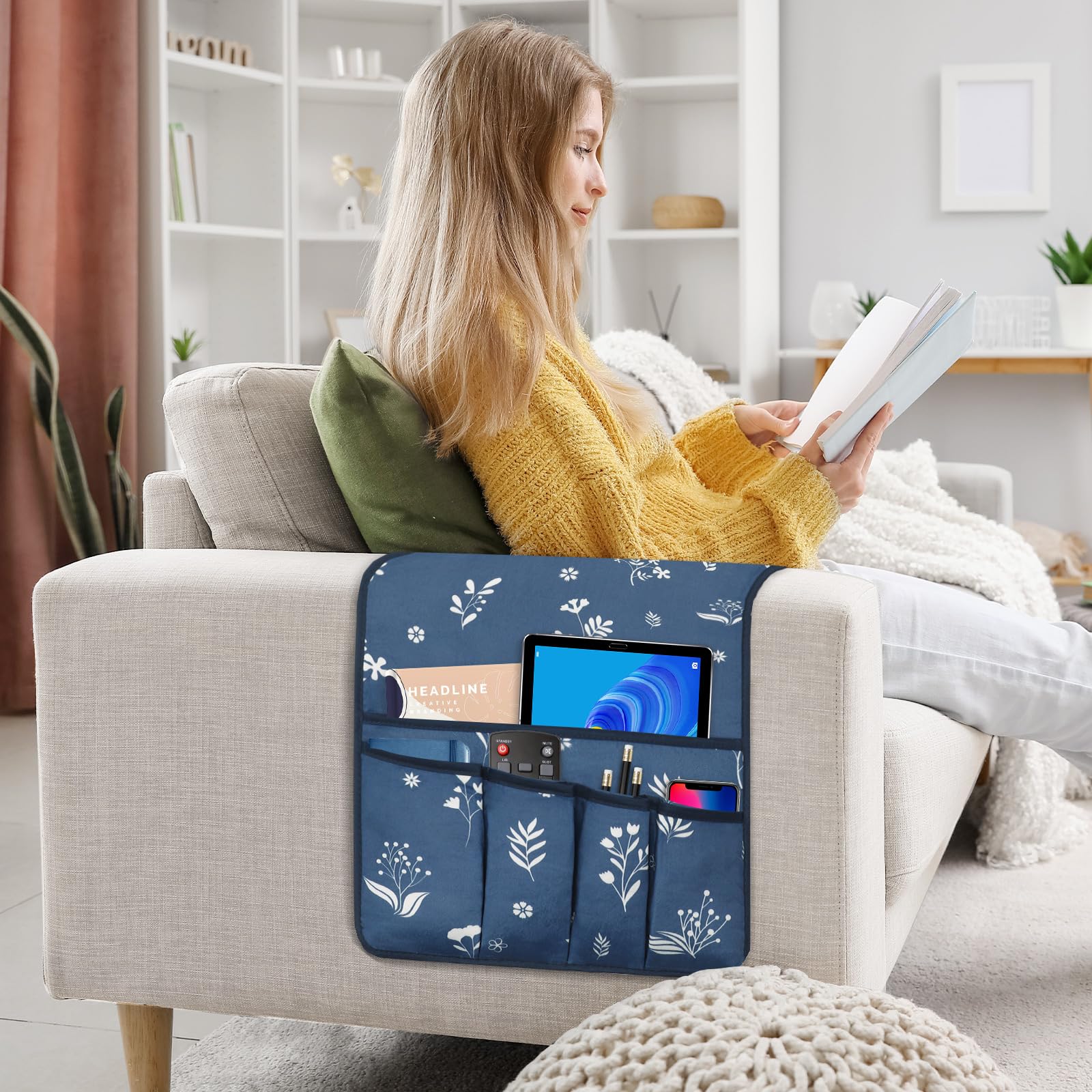 Remote Control Holder for Armchair & Couch - 5-Pocket Organizer for TV Remotes, Bed Storage & Nightstand - Blue Caddy (35