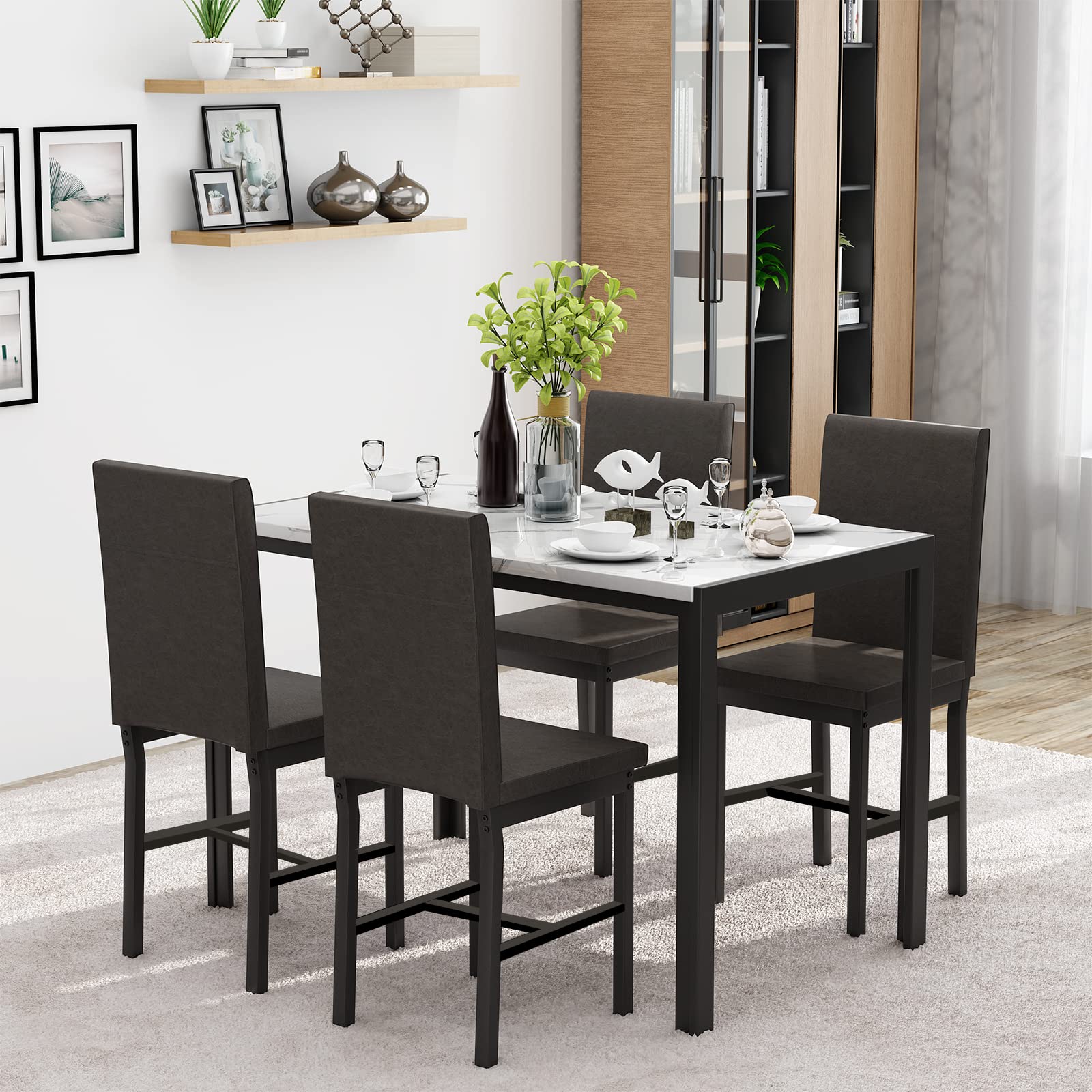 MIERE 5-Piece Marble Dining Set with Faux Leather Metal Frame Chairs - White Modern Kitchen Table & 4 Chairs for Dining Room, Breakfast Nook & Small Space | Perfect for Family Meals, Entertaining Guests & Cozy Breakfasts