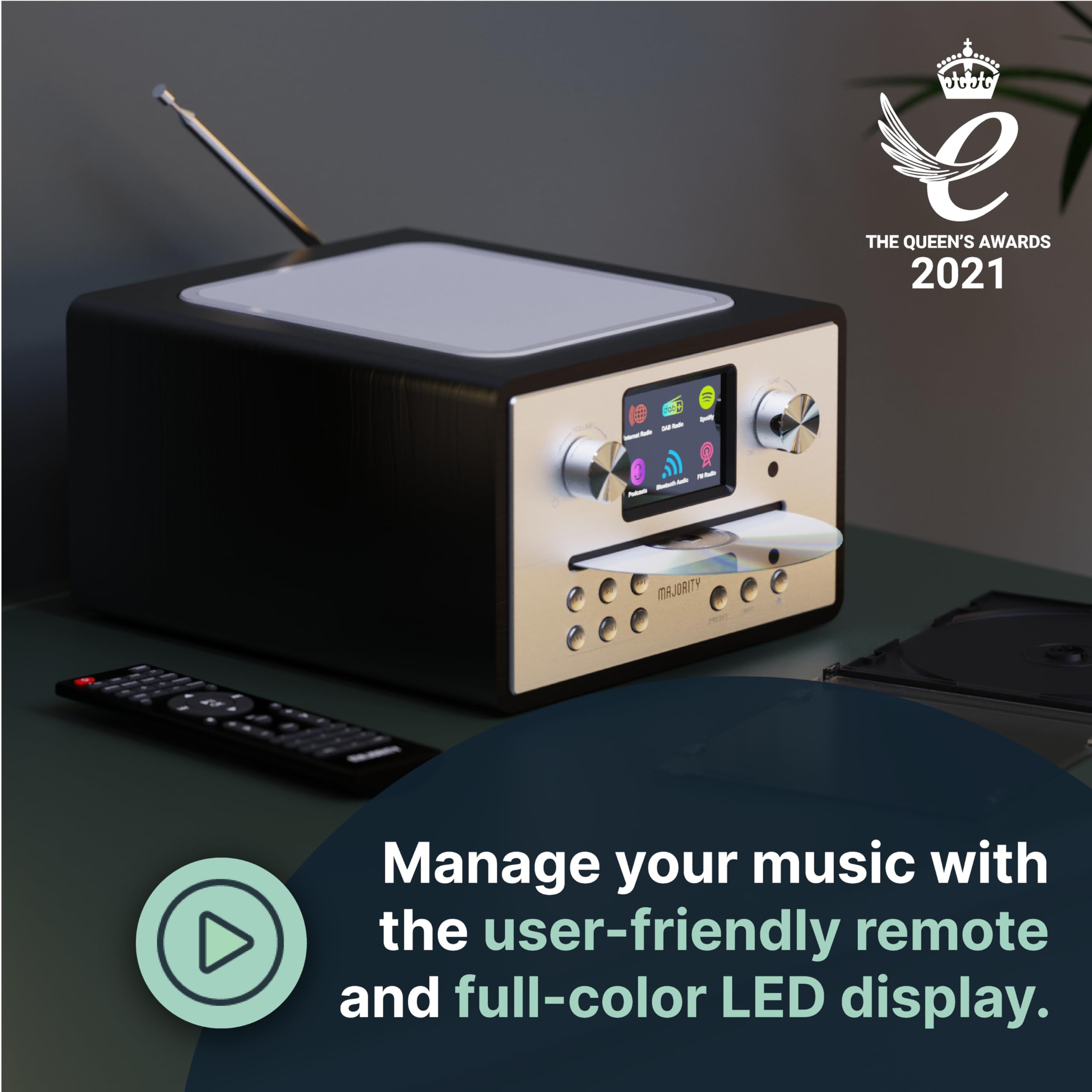 Majority Homerton Internet Radio CD Player with DAB+/FM, Bluetooth & Spotify Connect - Digital Alarm Clock with 90 Presets, Custom EQ & LED Display - Perfect for Bedroom, Kitchen & Office Use