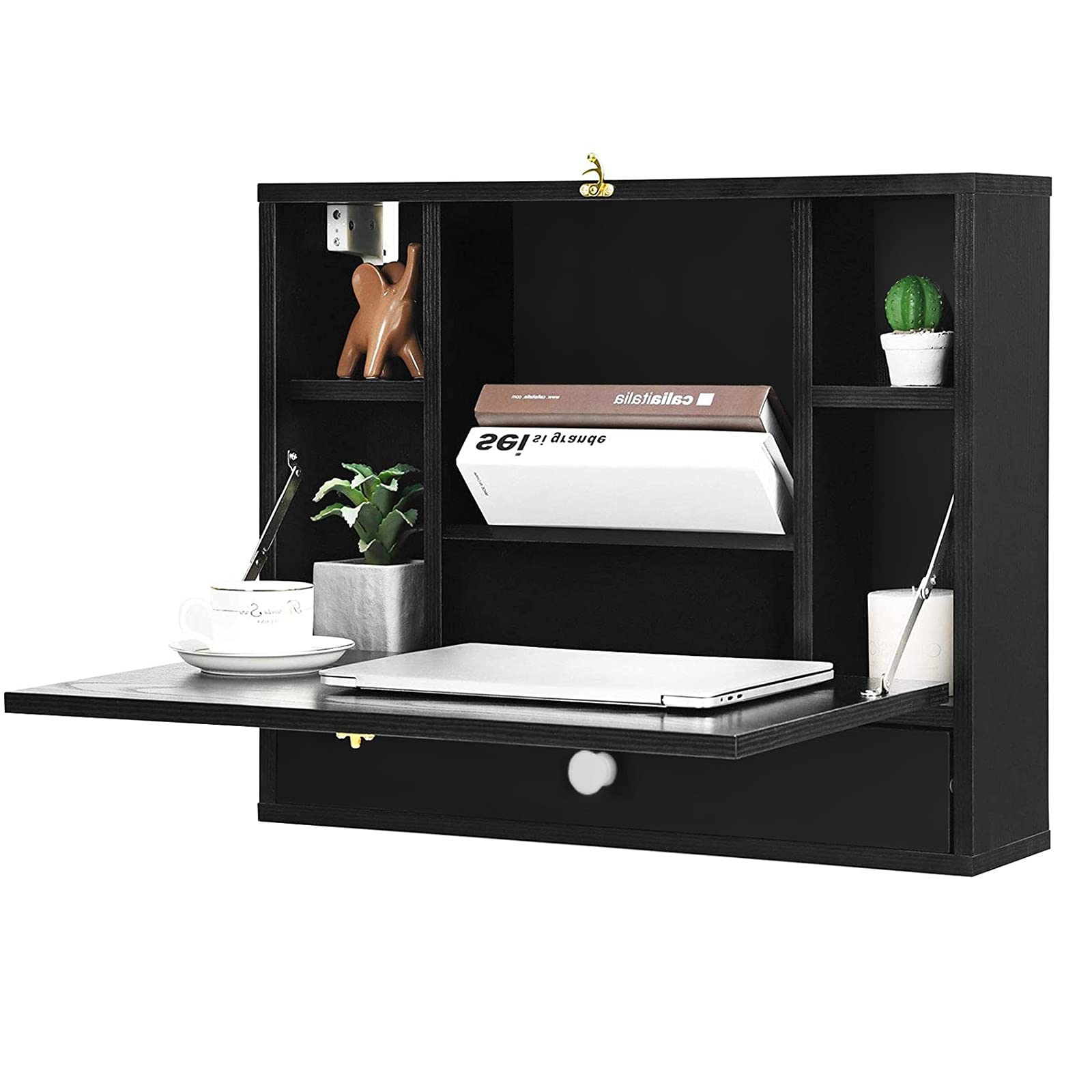 CRX Desk Wall Cabinet - Floating Wall Mounted Storage Shelf for Kitchen, Bathroom & Office - Black Bookshelf Organizer for Small Spaces