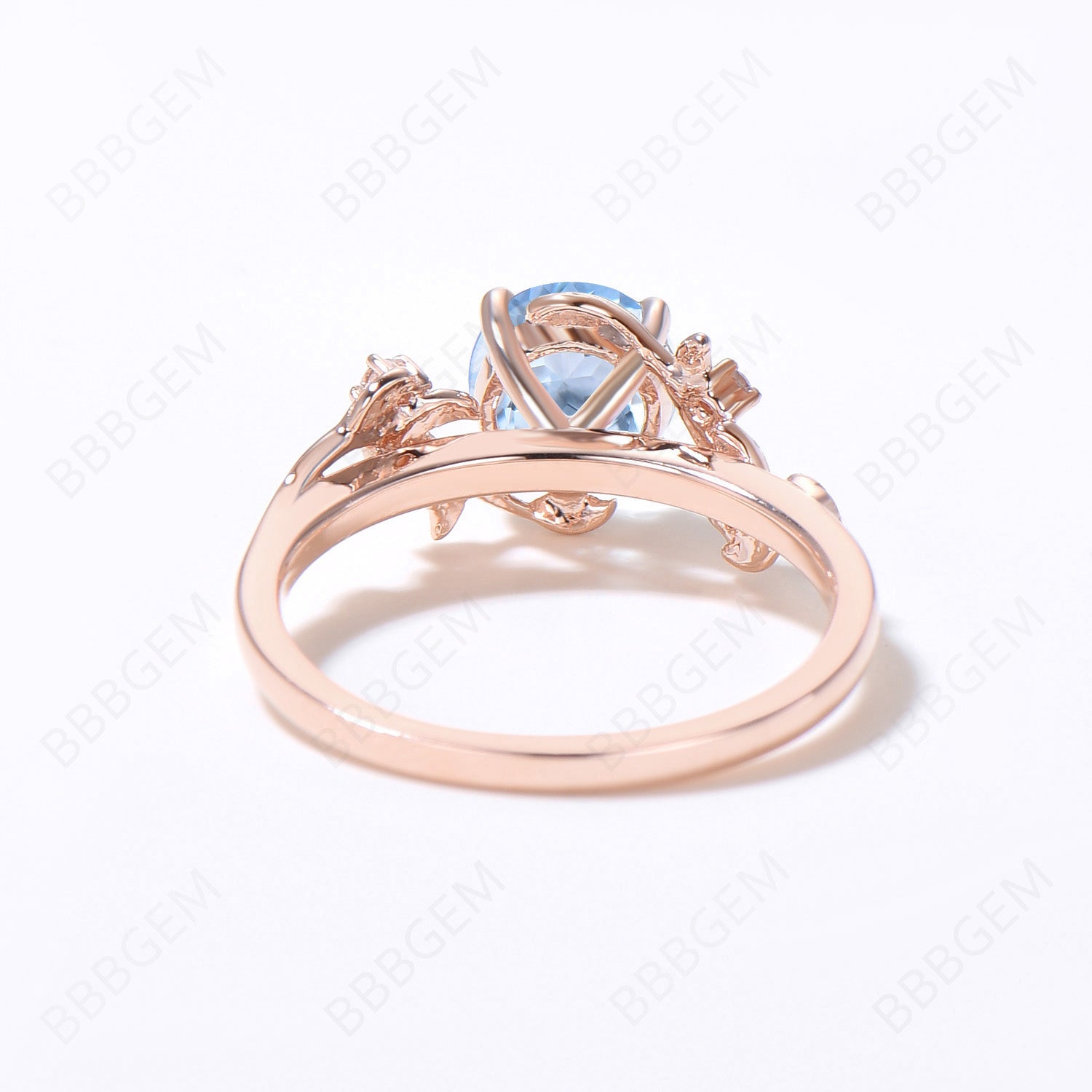 Natural Aquamarine Engagement Ring - 6.5mm Round March Birthstone Wedding Ring with Leaf Branch Design, Elegant Cluster Setting for Proposals, Anniversaries & Special Occasions