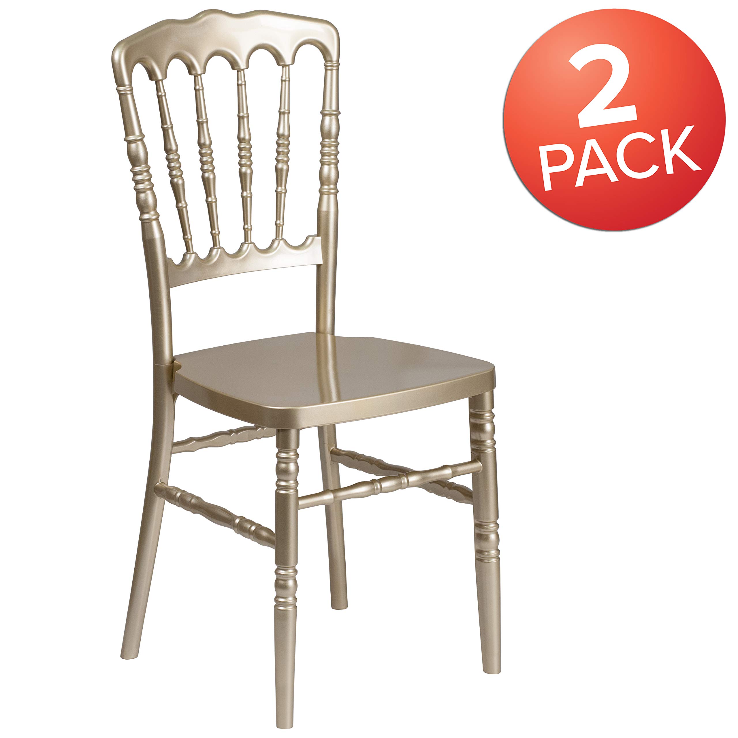 2 Pack Gold Resin Stacking Napoleon Chairs - Elegant Banquet & Event Furniture for Weddings, Parties, and Outdoor Gatherings