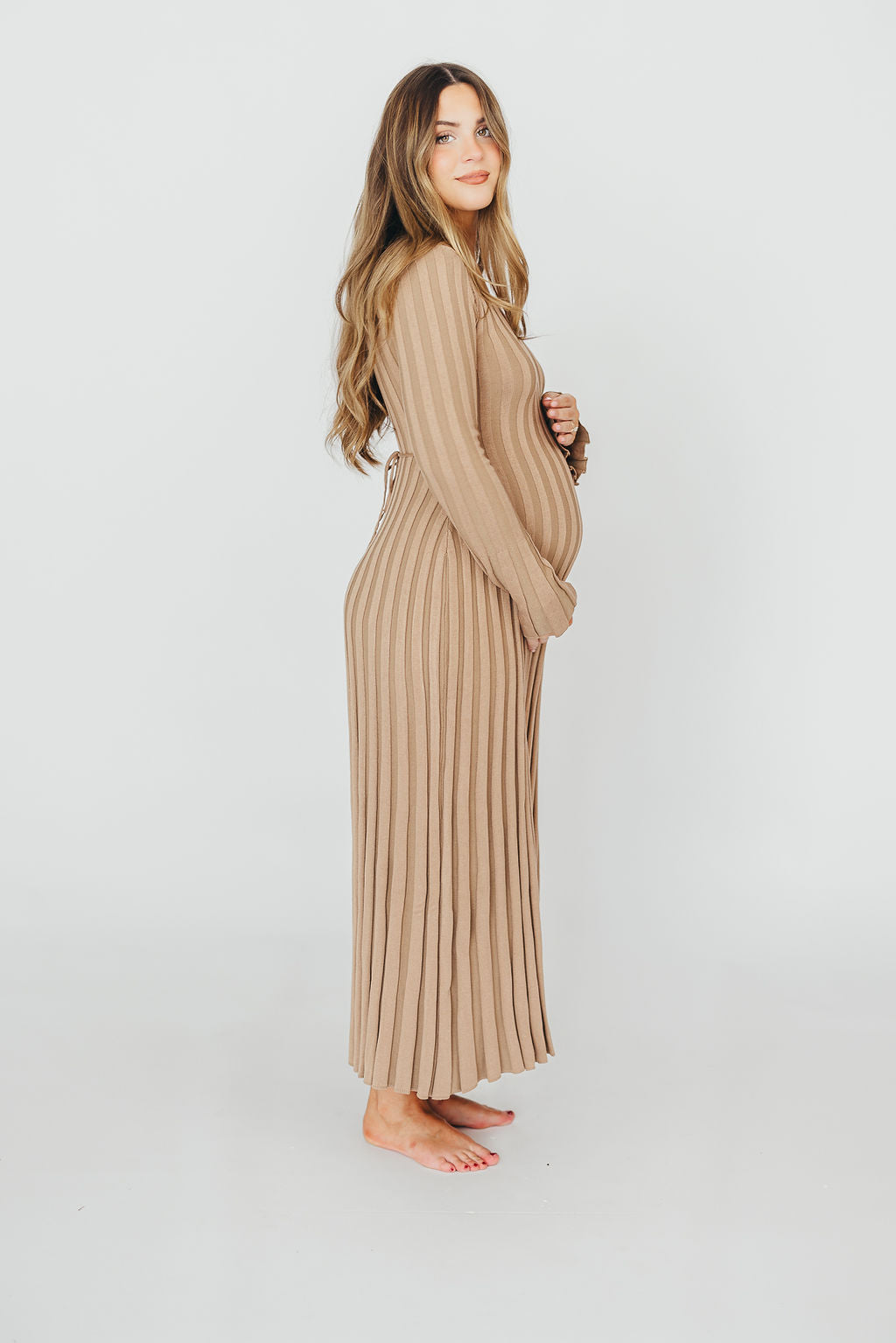 Hadley Long Sleeve V Neck Knit Maxi Dress for Women - Elegant Espresso Brown Fall/Winter Midi Dress with Side Slits | Perfect for Office, Date Night & Holiday Parties