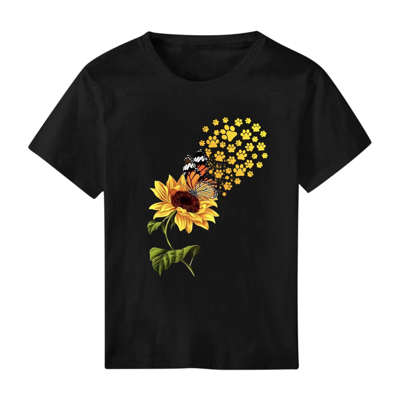 Women's Opaque Short Sleeve T-Shirt - Round Neck Sunflower Printed Summer Top for Casual Wear, Outings & Beach Days