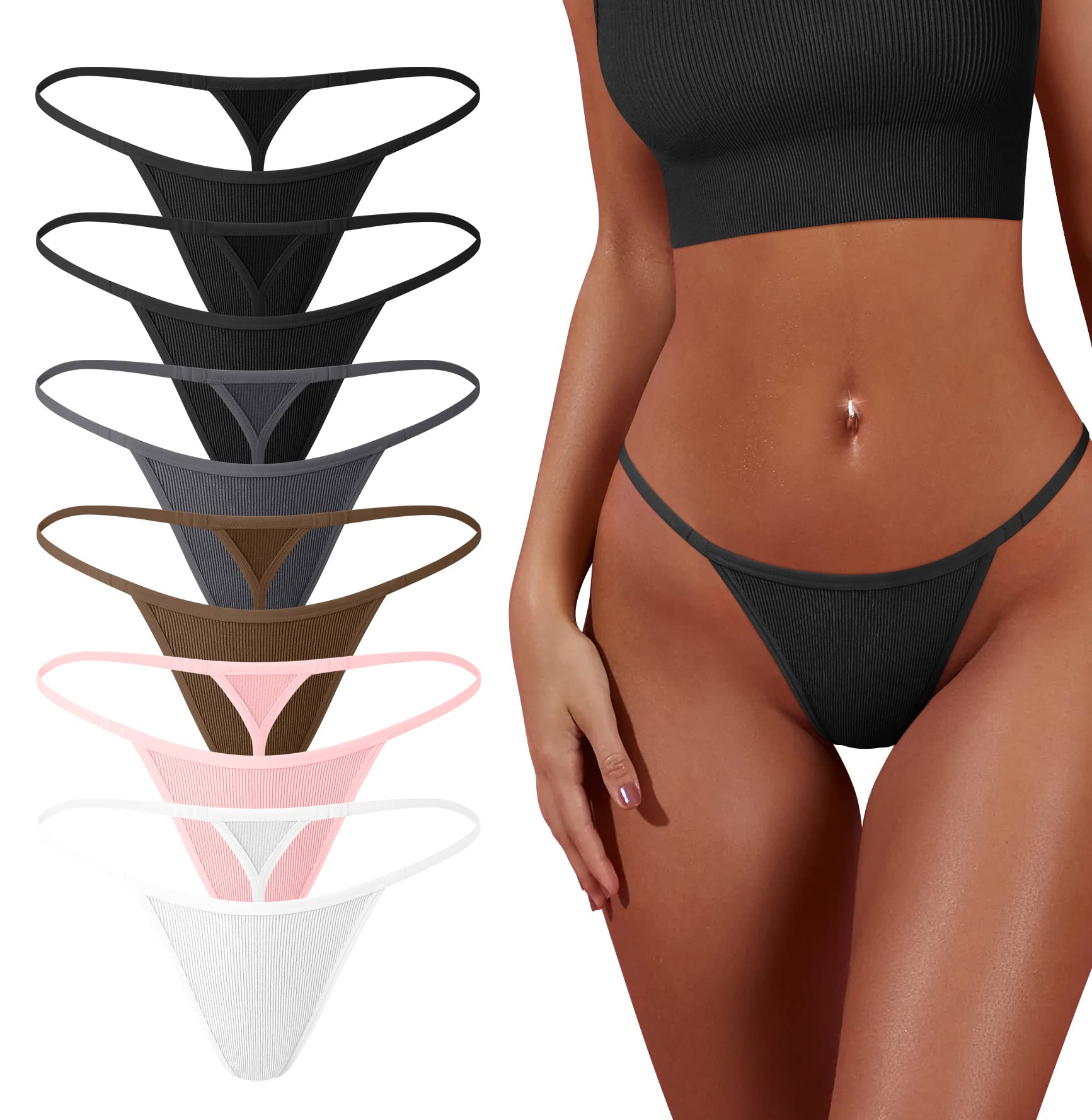 OQQ 6 Pack Women's Cotton G-String Thongs - Stretch T-Back Tanga Panties, Low Rise Hipster Underwear (S-XL) - Comfortable & Sexy for Daily Wear, Date Night & Special Occasions
