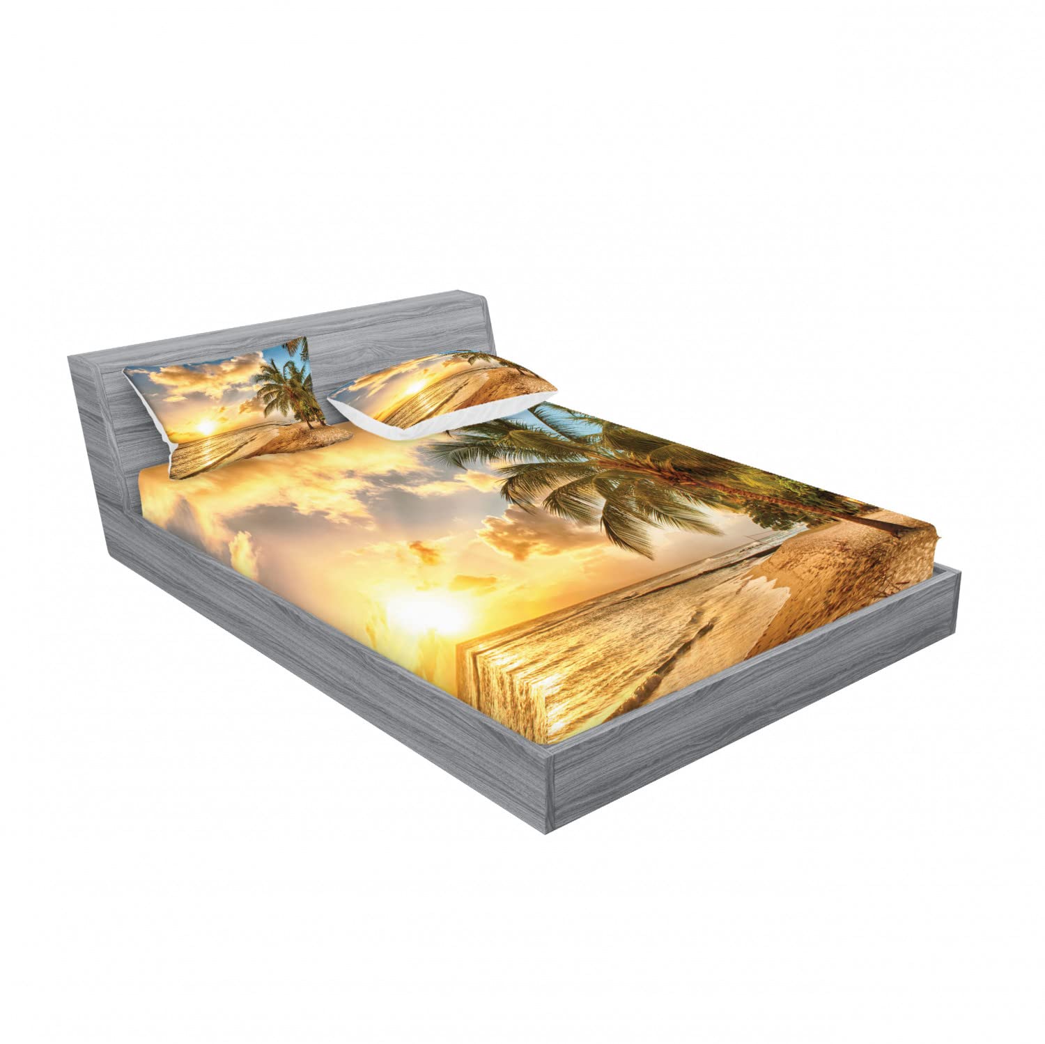 Ambesonne Tropical 2-Piece King Size Fitted Sheet Set with 4 Pillow Shams - Exotic Beach Design in Cream & Blue | Soft Bedding for Master Bedroom, Guest Room & Vacation Homes