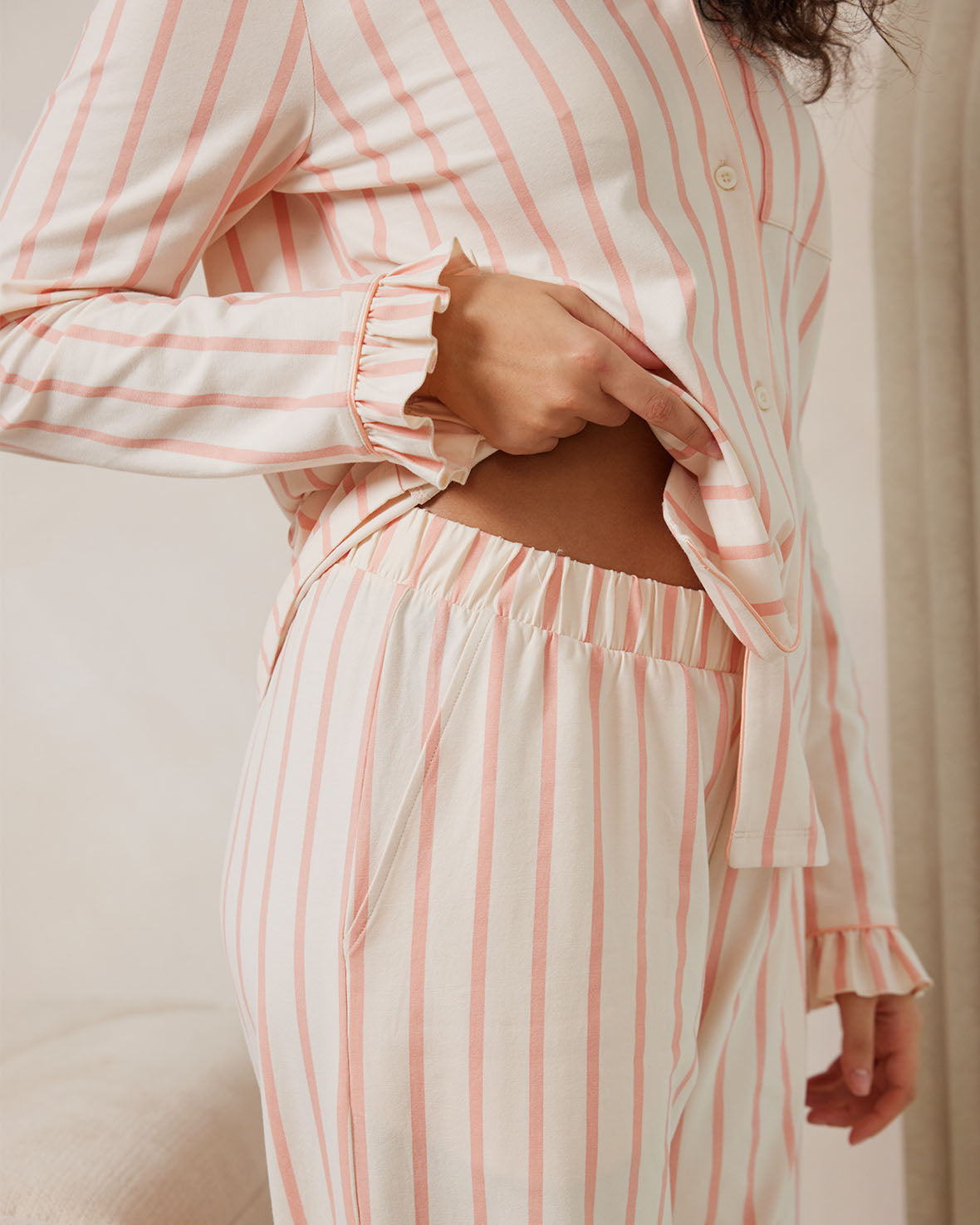 Organic Cotton Pink Striped Frill Long Pajama Set for Women - Soft & Comfortable Sleepwear for Nighttime Relaxation and Lounging