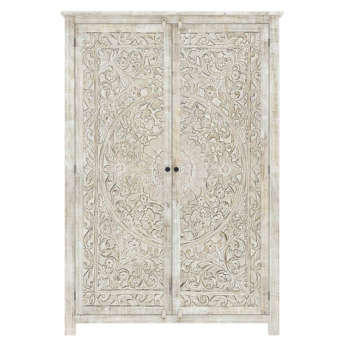 Hand Carved Indian Solid Wood Large White Wardrobe Cabinet - Vintage Style Storage for Bedroom, Living Room & Guest Room