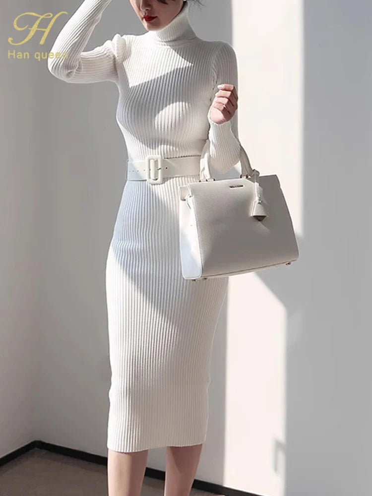 Women's H Han Queen Knitted Turtleneck Sweater Dress - Bodycon Midi Dress with Belt for Autumn Winter | Soft Stretchy Party Outfit for Date Night & Holiday Gatherings