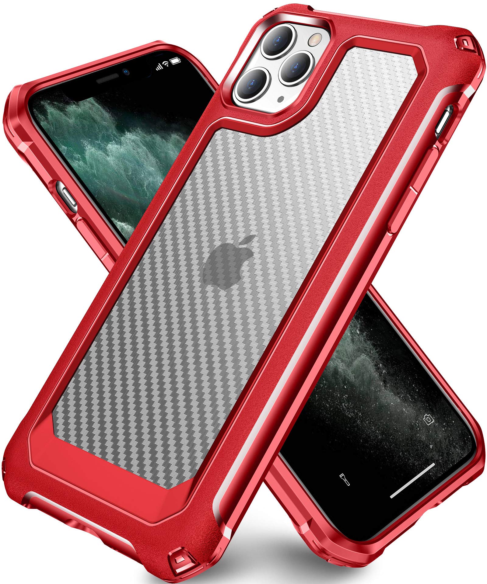 SUPBEC iPhone 11 Pro Max Case 6.5 Inch - Military Grade Shockproof Carbon Fiber Protective Cover with Screen Protector [2 Pack] - Anti-Scratch, Durable Phone Case in Red - Perfect for Outdoor, Work & Daily Use