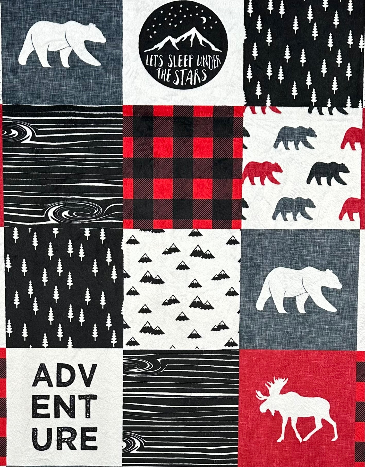 Premium Hawke Luxe Large 54x79 Minky Blanket - Soft & Cozy Red/Black/White Patchwork Design for Camping, Stargazing & Outdoor Adventures
