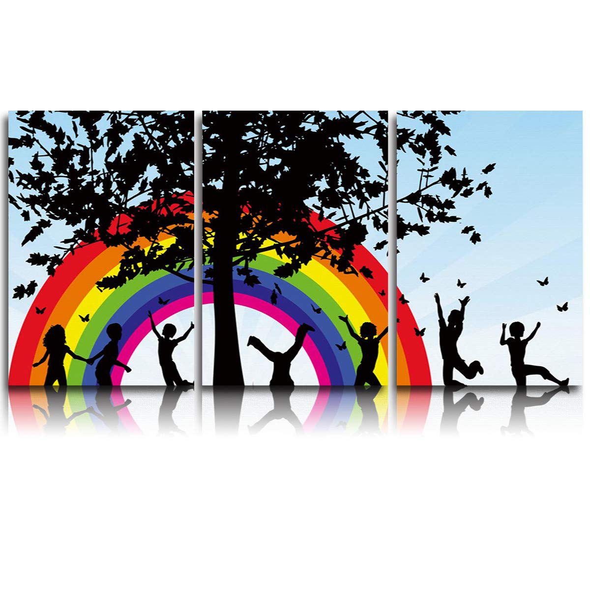 Children Playing Under Tree Rainbow Canvas Wall Art - Set of 3 Framed Giclee Prints 16x24 Inch - Nursery, Bedroom, Living Room Decor for Kids & Family Spaces