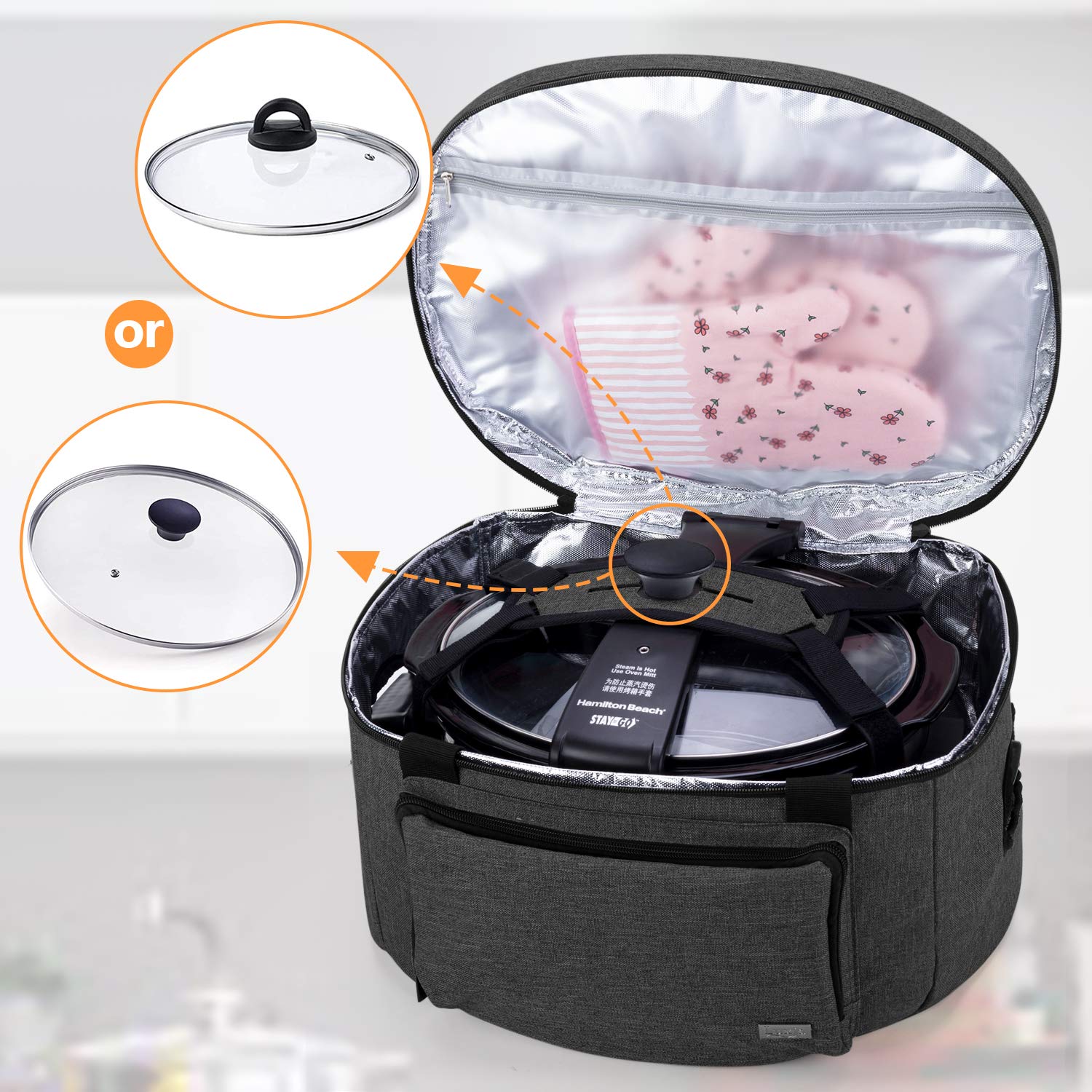 LUXJA Insulated Slow Cooker Bag with Bottom Pad & Lid Straps - Portable Thermal Carrier for 6-8 Quart Oval Slow Cookers (Black) - Perfect for Potlucks, Picnics & Keeping Meals Warm at Parties