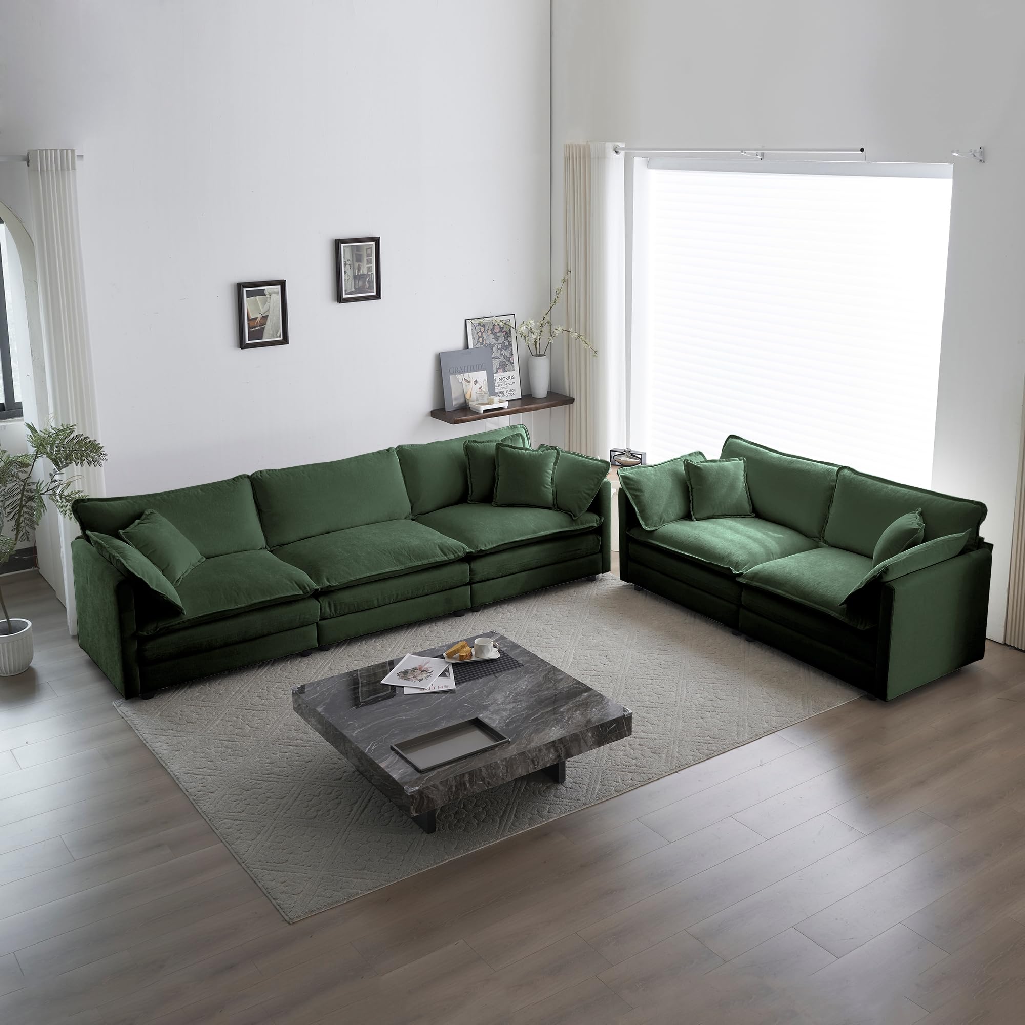 2-Piece Large Green Sectional Sofa Set - Plush Chenille Deep Seat Cloud Couch & Loveseat for Living Room, Apartment, Office | Modern Luxury Comfort Furniture for Relaxing, Entertaining & Small Spaces