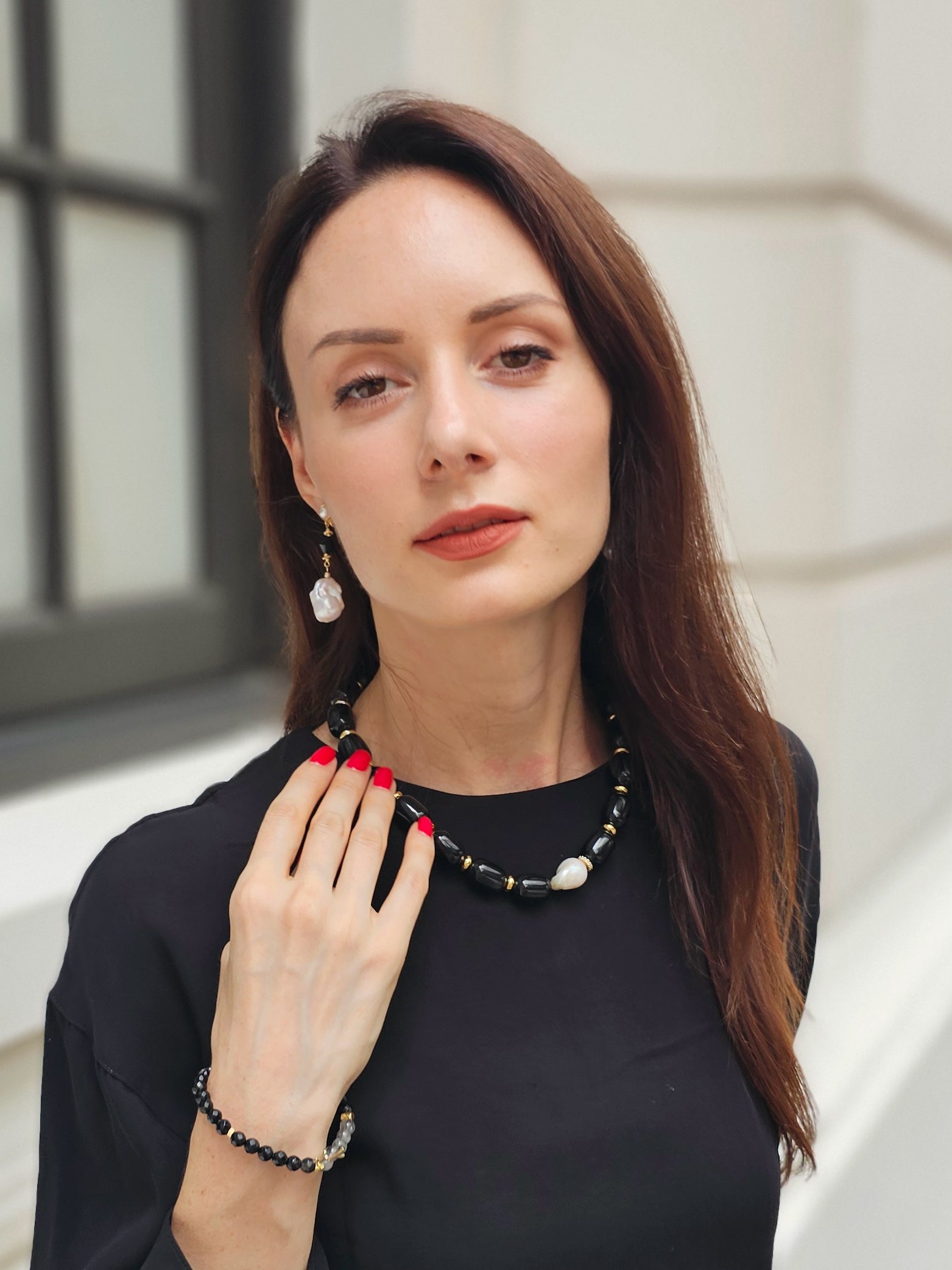 Black Obsidian & Baroque Pearl Pendant Necklace NN004 | Elegant Gothic Jewelry for Women | Perfect for Evening Parties & Special Occasions