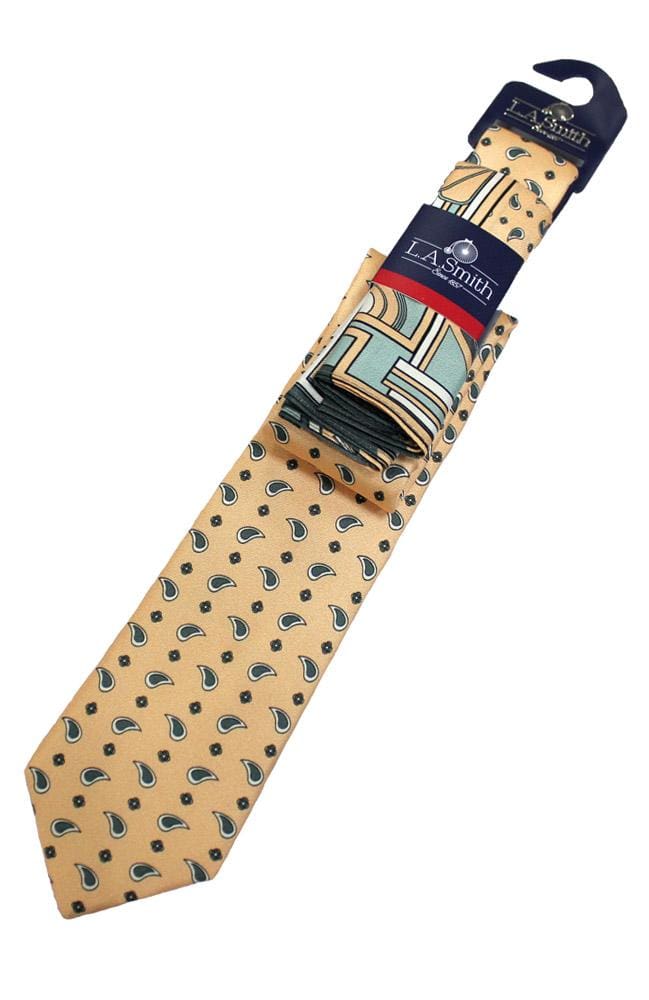 Vintage Art Deco Peach & Grey Silk Tie and Pocket Square Set - Elegant Men's Accessories for Weddings, Business, and Formal Events