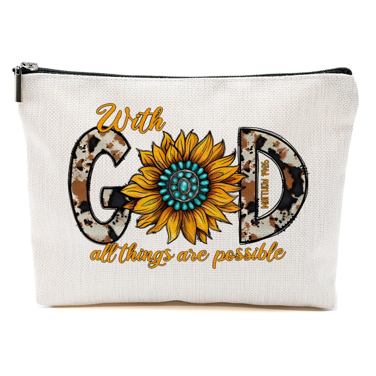 Western Makeup Bag - Sunflower Cosmetic Bag & Cow Print Toiletry Bag | Country Style Religious Gifts for Women, Christian Gifts for Mom, Farm Girl Birthday & Mother's Day Presents | Perfect for Travel, Church, and Country-Themed Events