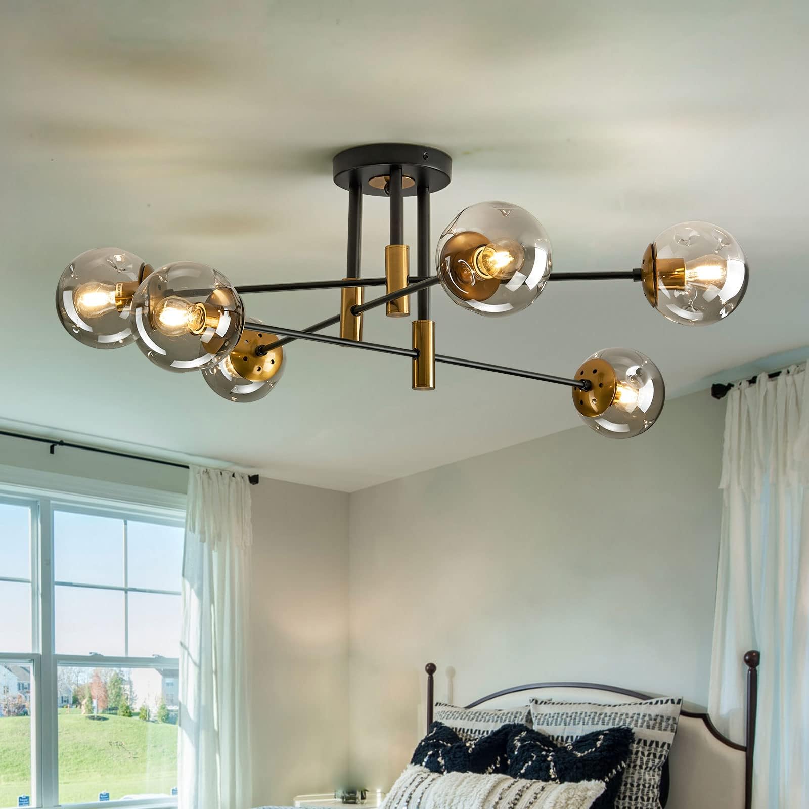 Modern 6-Light Glass Chandelier - Farmhouse Flush Mount Ceiling Light for Dining Room & Living Room
