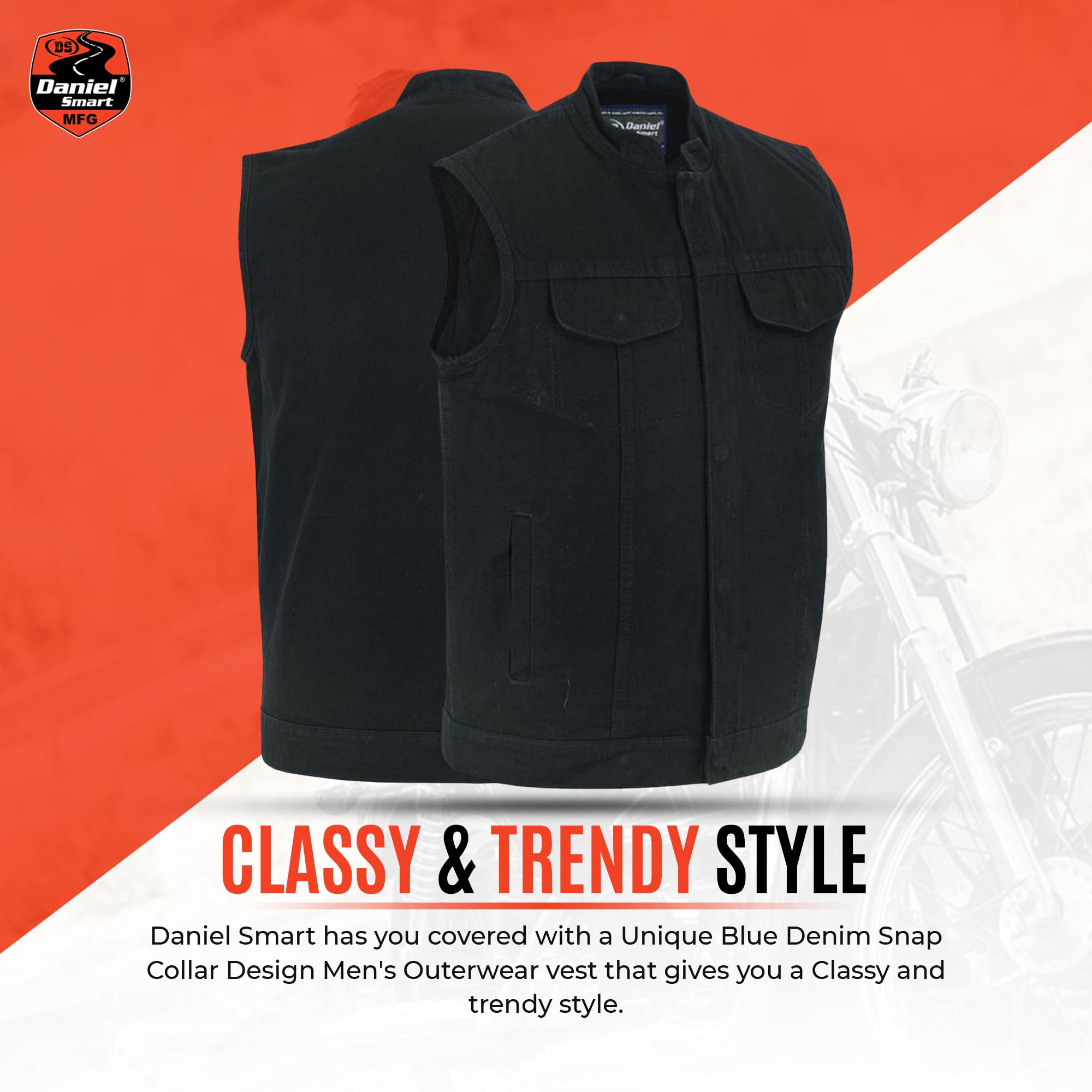 Daniel Smart Men's Denim Vest - Scoop Collar Motorcycle Jacket with Concealed Weapon Pockets & Hidden Zipper | Casual Wear, Biker Gear, Outdoor Adventure Clothing