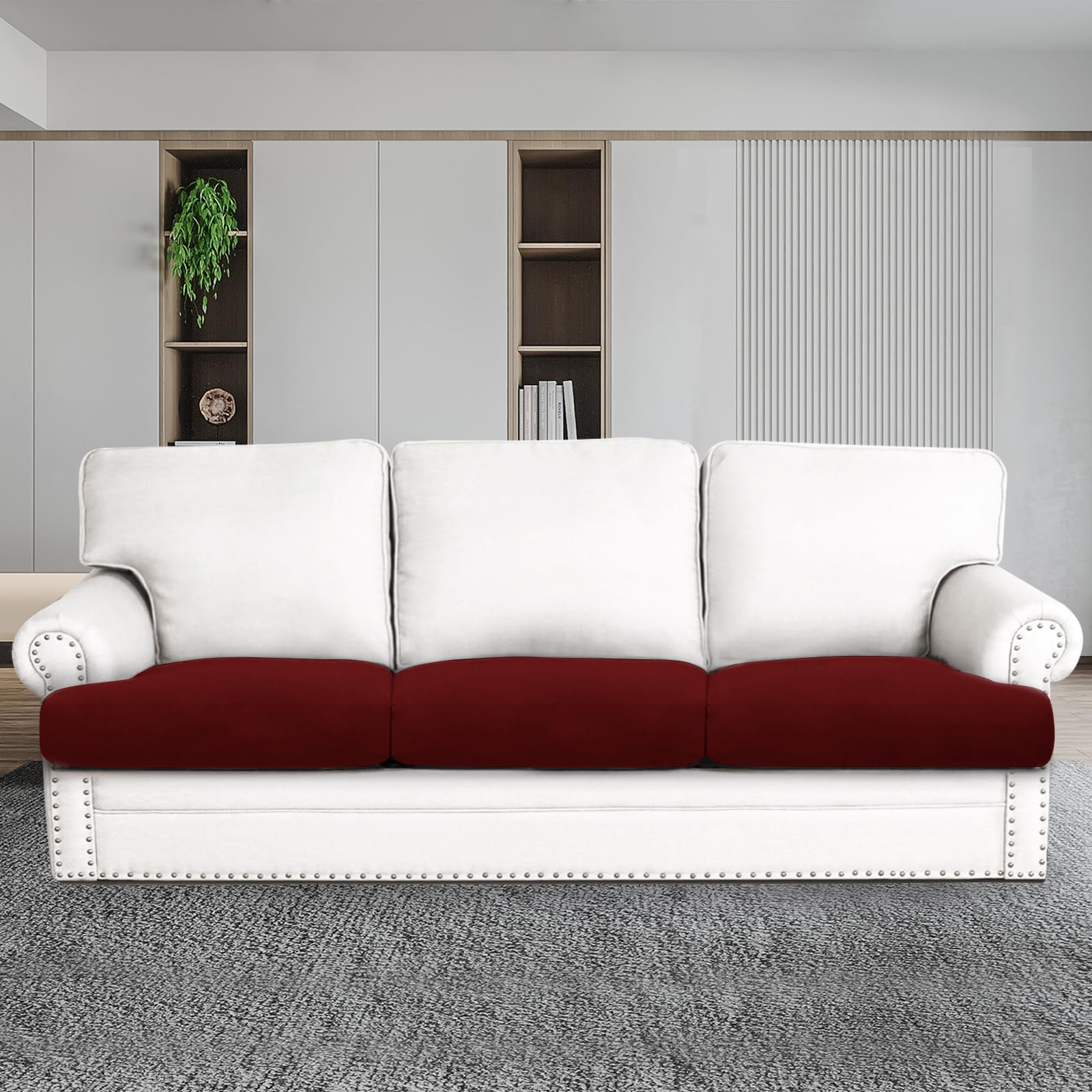 Molasofa T-Cushion Sofa Slipcover Set - Stretchable Spandex Fabric Couch Protector for Sectional, Armchair & Loveseat (3-Piece, Burgundy Red) - Perfect for Living Room, Family Room & Home Theater Seating Protection