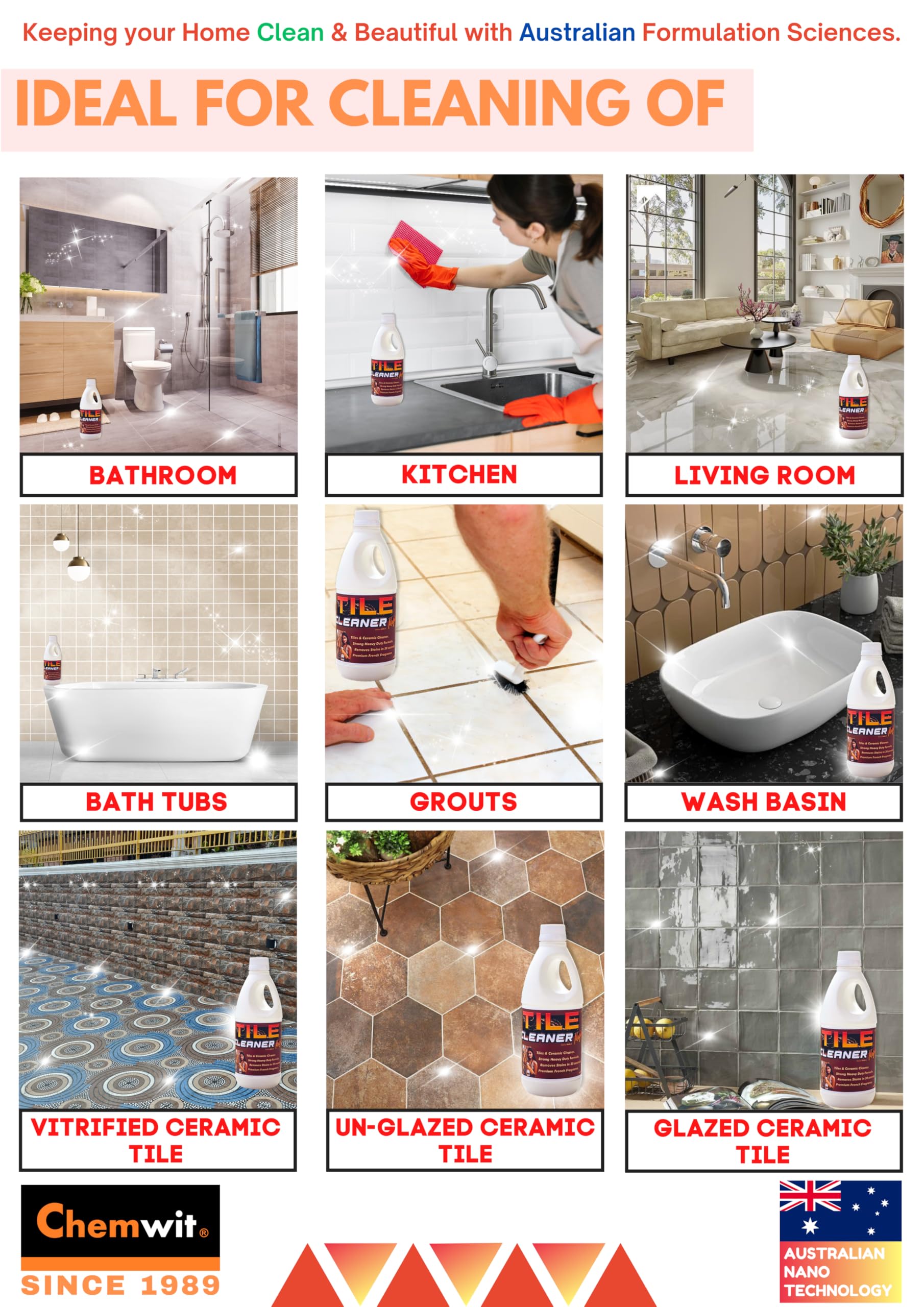 Chemwit Heavy Duty Tile Cleaner Liquid - Powerful Bathroom & Kitchen Floor & Wall Tile Stain Remover - Safe for Ceramic, Porcelain & Grout Cleaning - Ideal for Shower, Backsplash & Countertop Maintenance