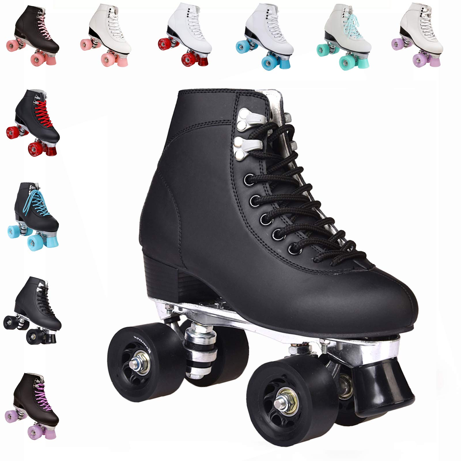 ASJUNQ Women's Roller Skates - Outdoor Quad Skates for Adults & Toddlers, Adjustable Kick Roller Skate Shoes with Wheels for Men & Women (Black, Size 8.5) - Perfect for Park Skating, Fitness, and Outdoor Recreation