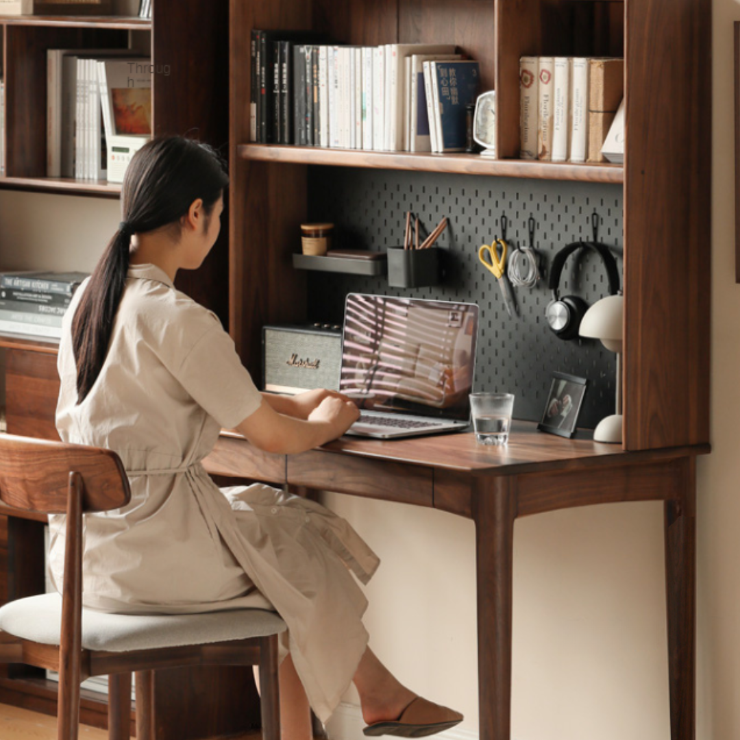 Solid Black Walnut Wood Bookshelf Table - Modern Integrated Study Desk & Storage Shelf for Home Office, Living Room, and Library Use