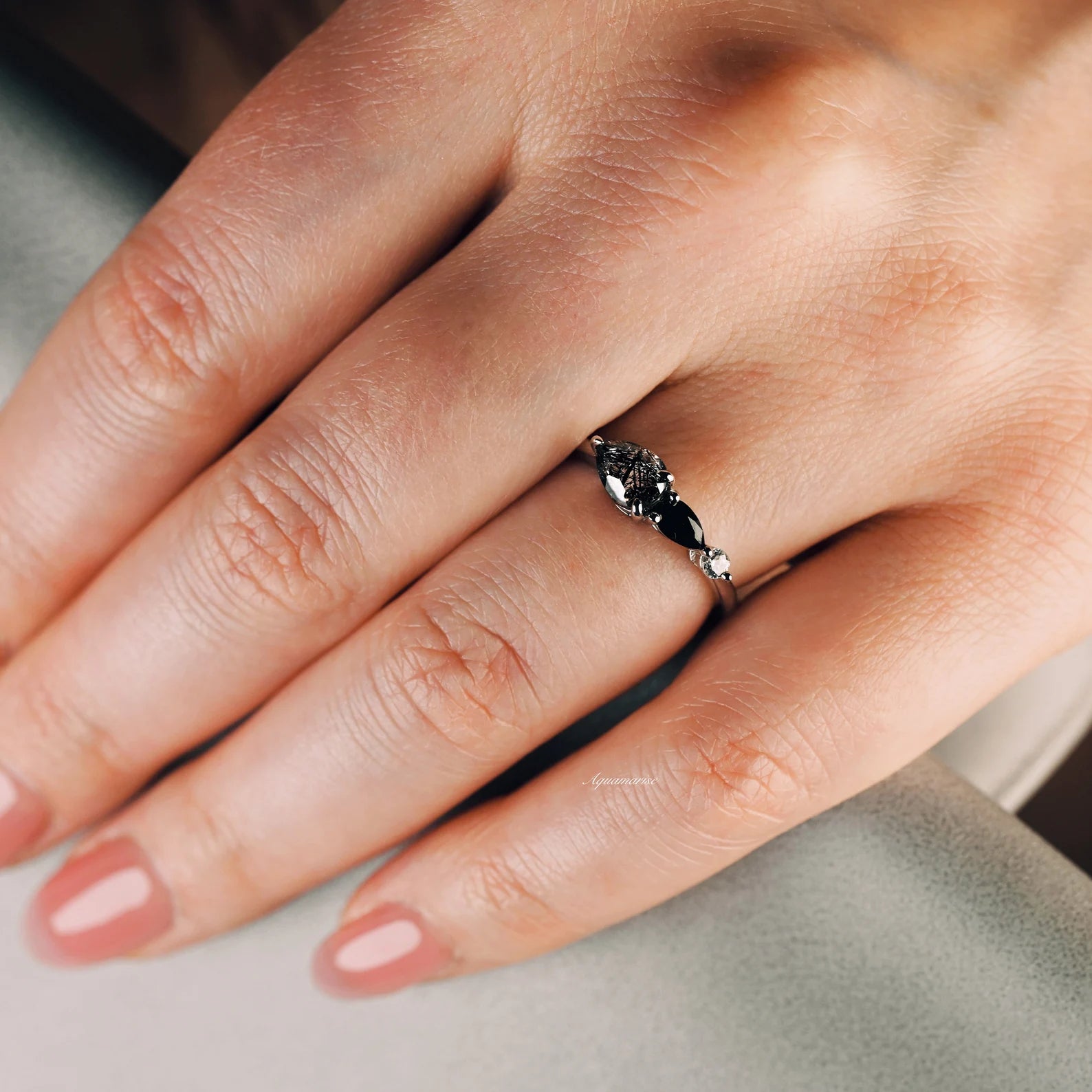 Natural Rutilated Quartz & Black Onyx Sterling Silver Ring for Women - Elegant Healing Crystal Jewelry for Meditation, Energy Balancing & Everyday Wear
