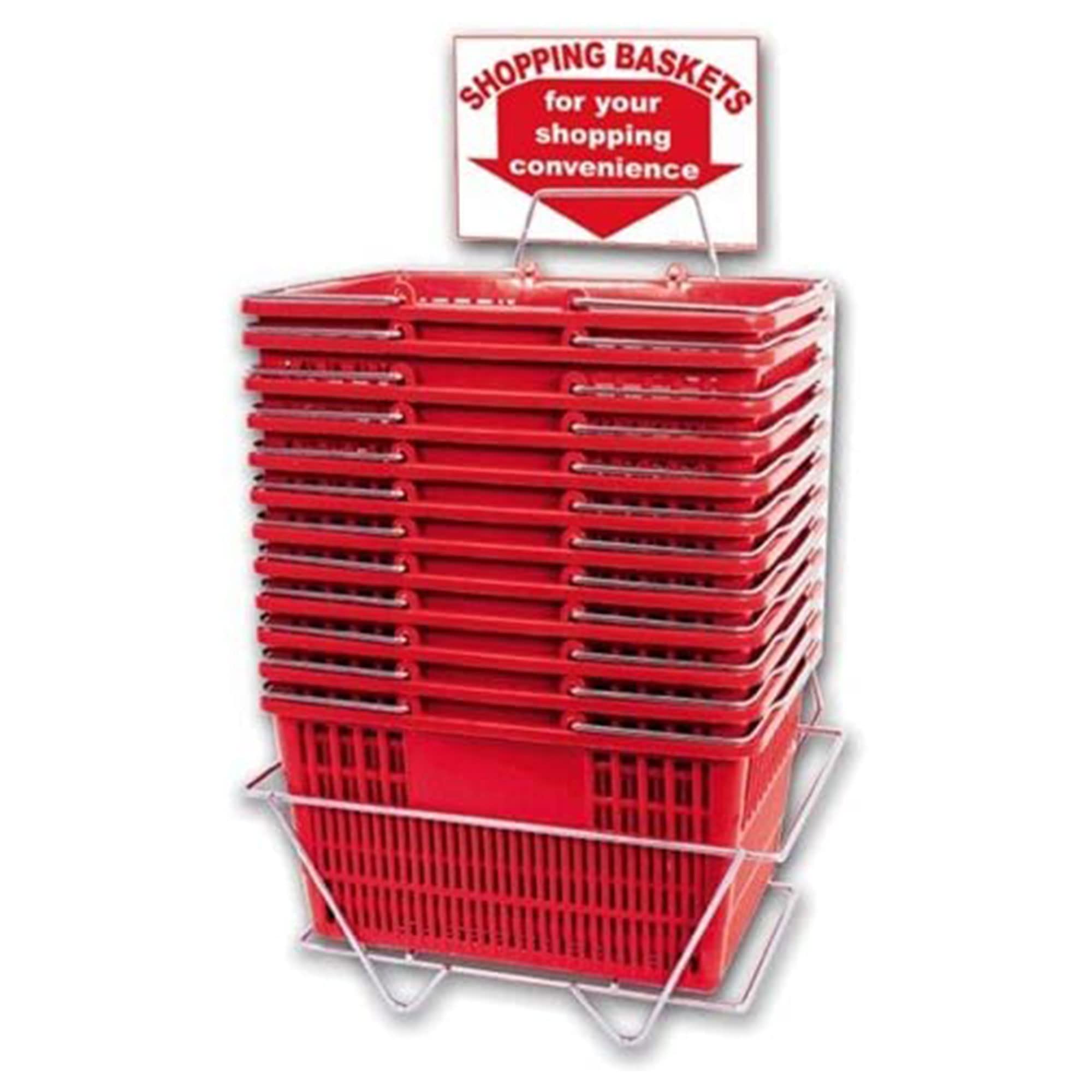 12-Pack Durable Red Plastic Shopping Baskets with Sign & Stand - Perfect for Retail Stores, Supermarkets, and Farmers Markets