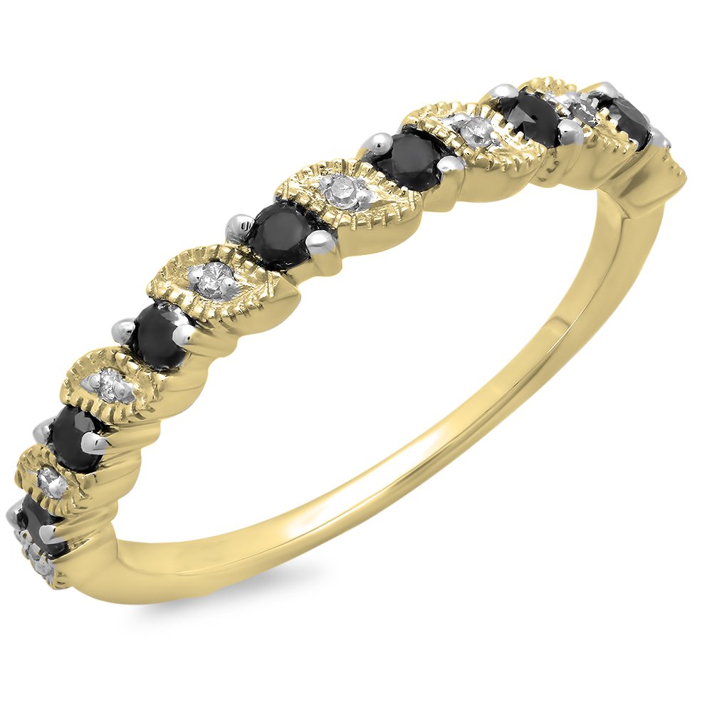 0.30 Cttw 10K Solid Gold Round Black & White Diamond Women's Wedding Band - Millgrain Stackable Ring for Bridal, Anniversary & Everyday Wear
