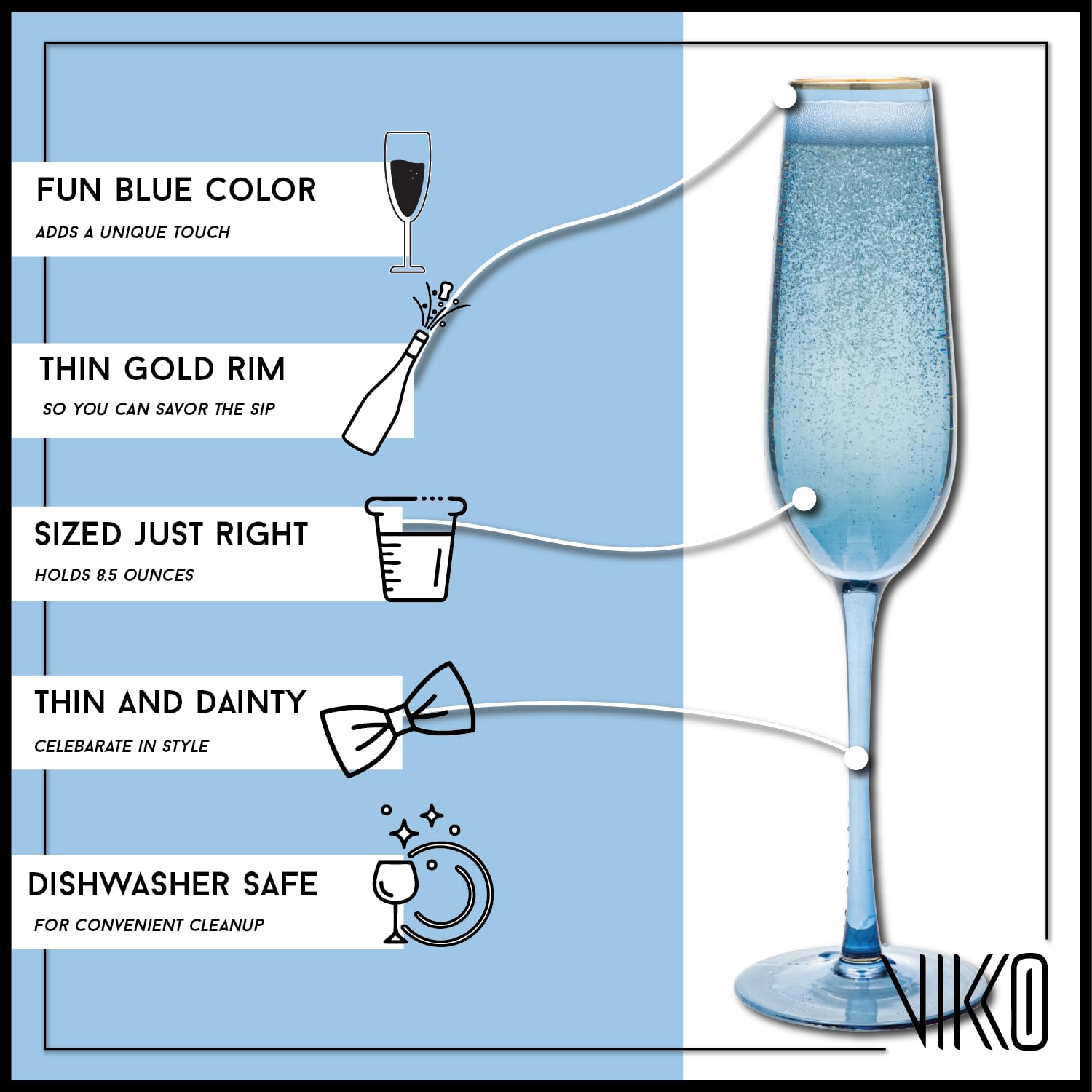Vikko 8.5oz Champagne Flutes Set of 4 - Elegant Blue with Gold Rim Crystal Clear Sparkling Wine Glasses for Wedding Toasts, Anniversary Celebrations & Romantic Dinners