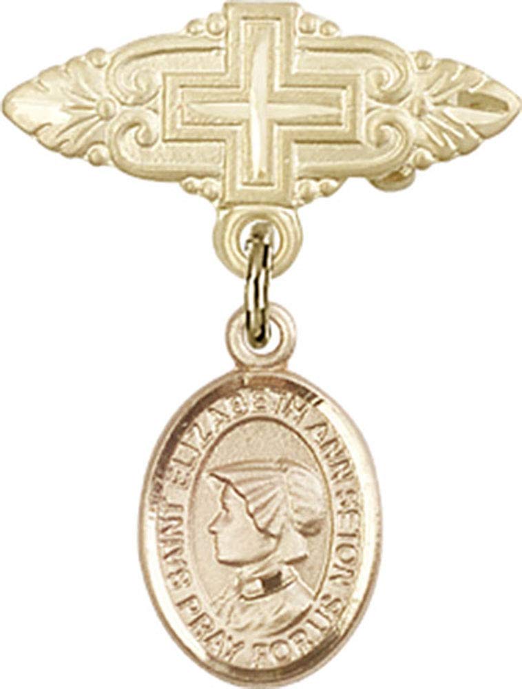 Gold Filled Baby Badge with St. Elizabeth Ann Seton Charm & Cross Pin - Religious Jewelry for Christening, Baptism & First Communion Gifts - Handmade in USA