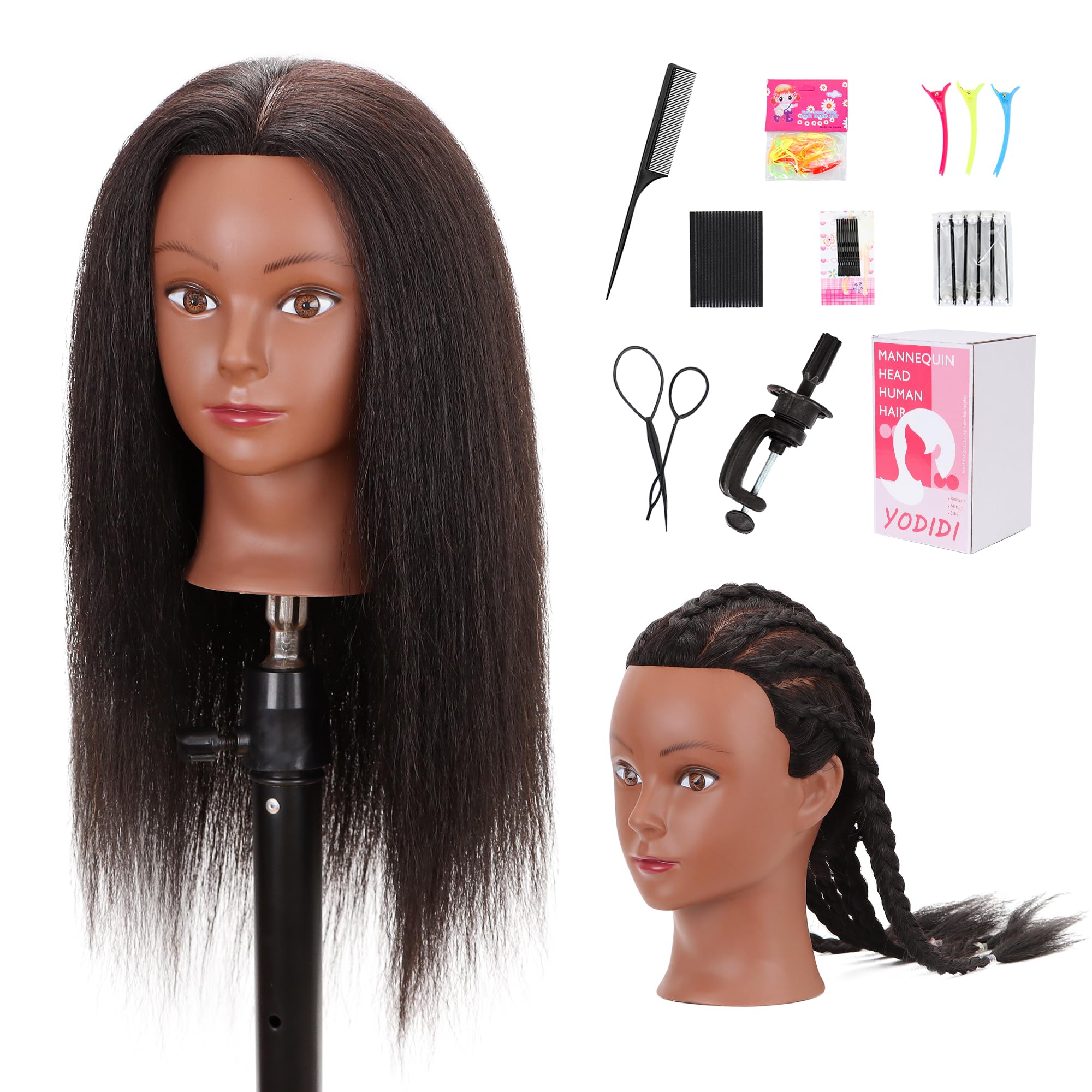 Professional 16 Inch Mannequin Head with 100% Human Hair for Cosmetology Practice - Hairstyling Training Doll with Table Clamp Stand & Tools - Perfect for Braiding, Cutting & Styling Practice in Salons & Beauty Schools