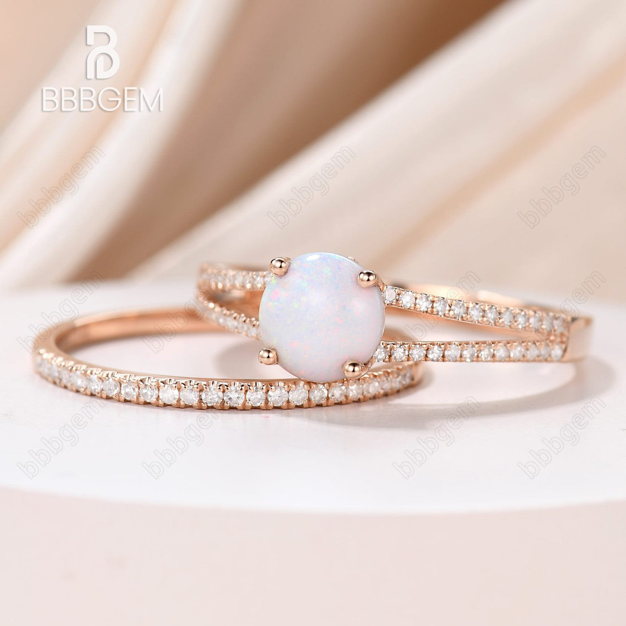 Vintage Opal Engagement Ring Split Shank Set with Pave Diamond Band - Elegant Wedding Jewelry for Brides, Anniversary Gifts & Special Occasions