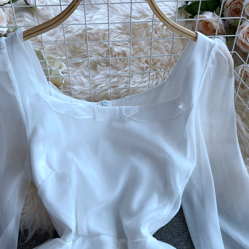 Elegant White Long Sleeve Fairy Dress with Square Collar and Ruffles - Perfect for Autumn Weddings, Parties & Special Occasions