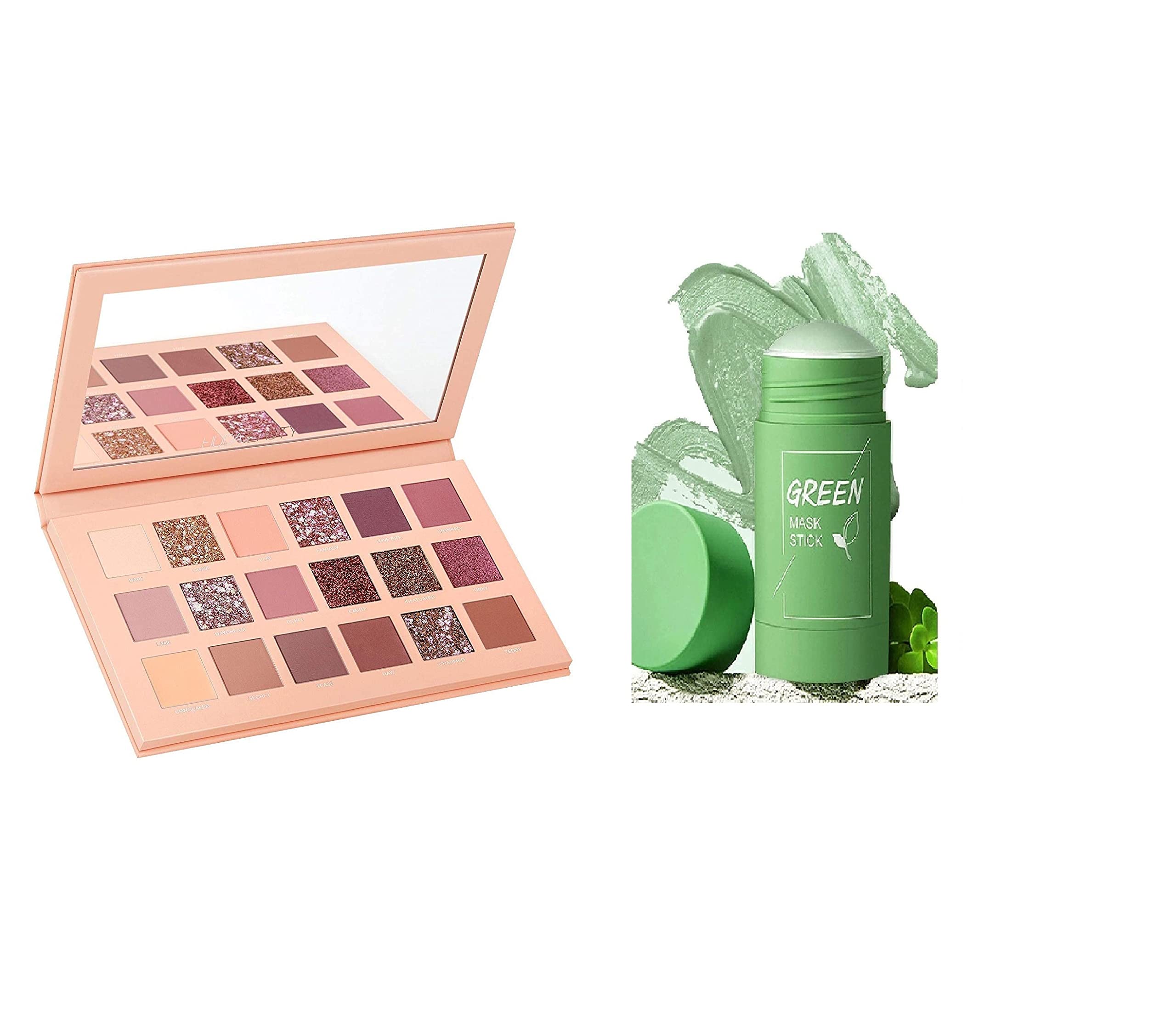 NUDE EYE 18-in-1 Color Eyeshadow Palette with Green Tea Facial Oil MAASK 40G - Perfect for Daily Makeup & Skincare Routine