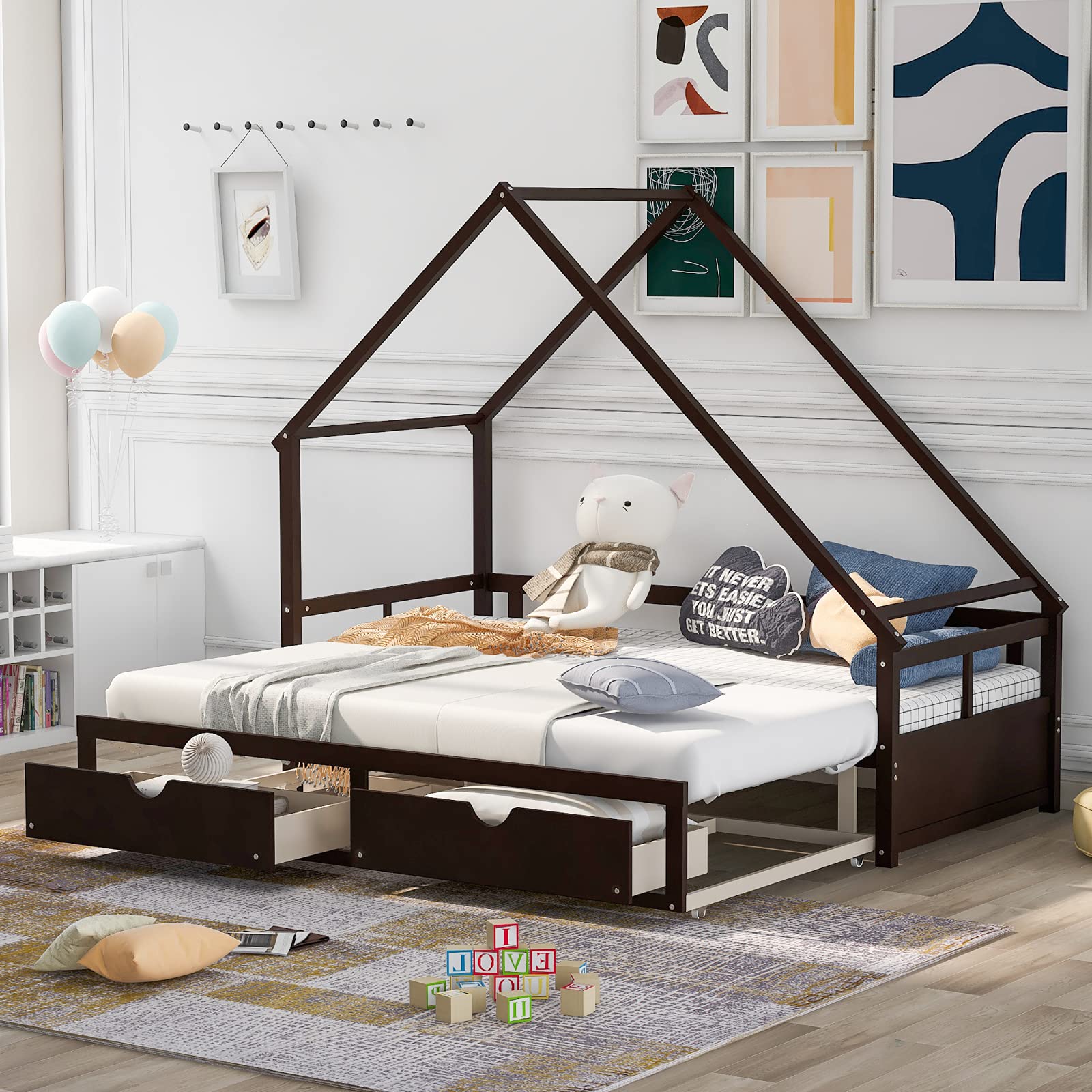 Expandable Wooden Daybed Sofa Bed with Trundle & 2 Storage Drawers - Convertible Twin to King Size Tent Design House Bed Frame for Kids, Teens & Adults (Espresso) - Perfect for Guest Rooms, Playrooms & Small Spaces
