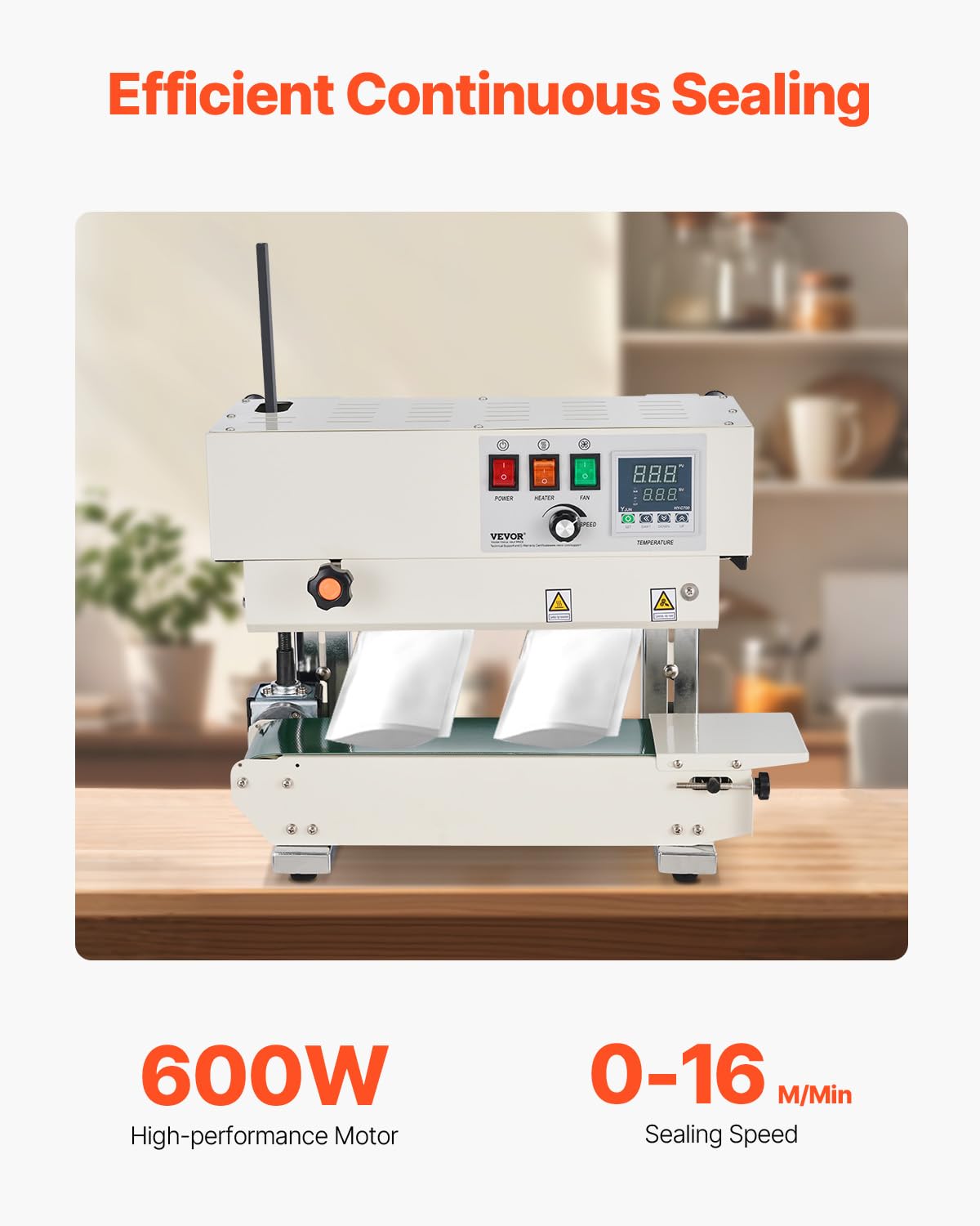 VEVOR Continuous Band Sealer Machine - 6-12mm Adjustable Seal Width, Digital Temperature Control for 0.02-0.8mm Plastic Bags | Food Packaging, Industrial Sealing, Warehouse Use | Commercial Bag Sealing Equipment for Plastic Films & Pouches
