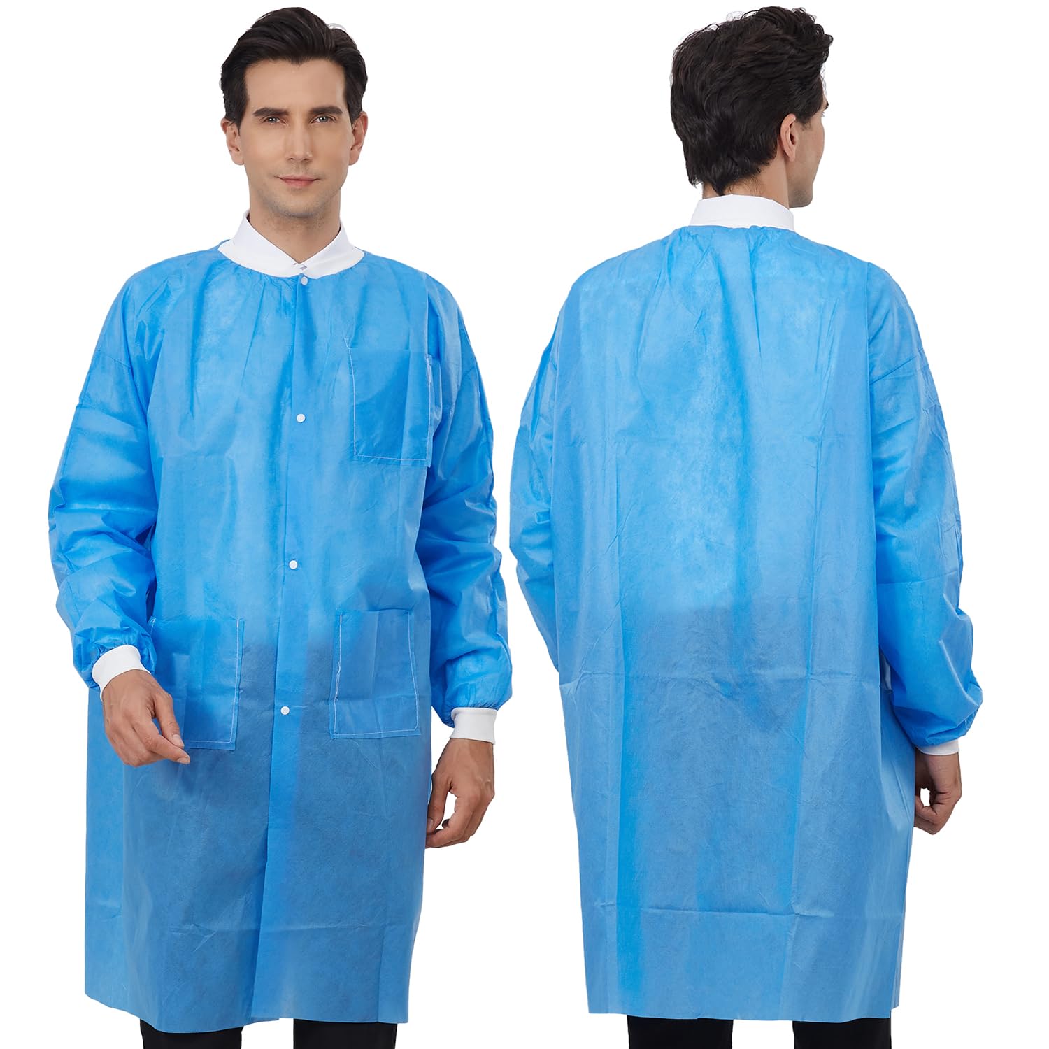 Greenour Disposable Lab Coat - Blue SMS Material with Pockets, Knitted Collar & Cuffs, Breathable & Fluid Resistant for Adults (Sizes M-2XL) - Ideal for Medical Labs, Hospitals, Research Facilities & Science Experiments