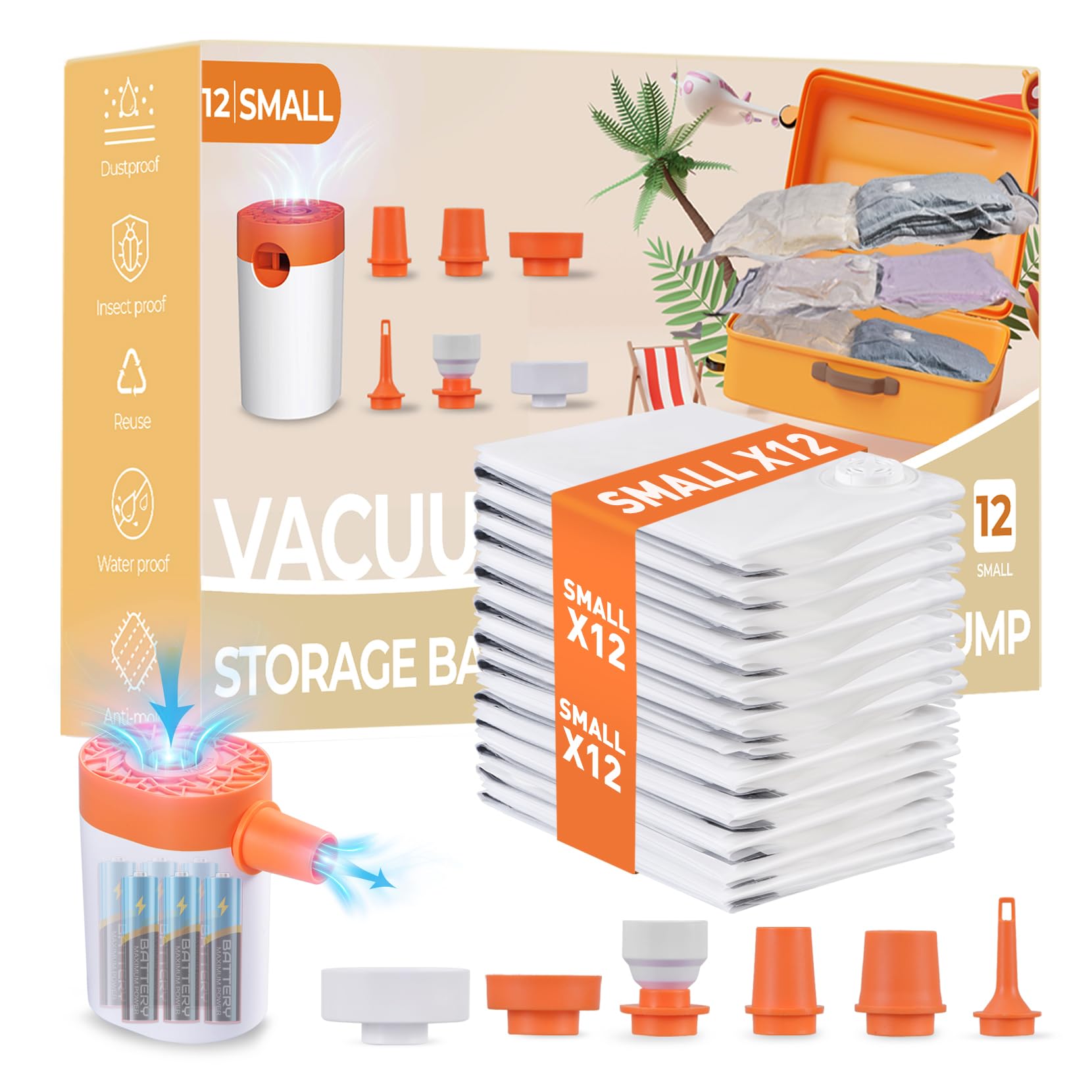 12 Pack Small Vacuum Storage Bags for Travel with Portable Pump - Space Saving Compression Bags for Clothes, Luggage & Travel Essentials | Perfect for Packing, Moving & Seasonal Storage