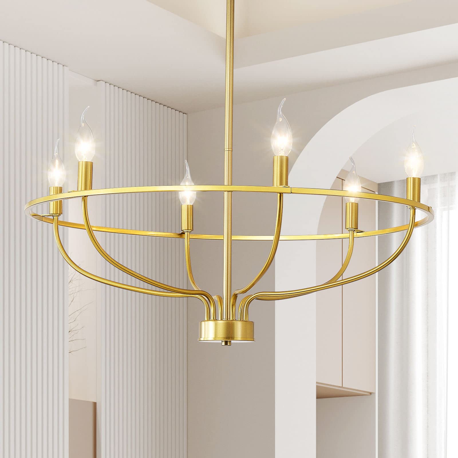 Modern Farmhouse Rustic Industrial Candle Chandelier - Gold 6-Light Fixture for Dining Room, Living Room & Bedroom Decor | Vintage Ceiling Lighting for Home, Cabin & Wedding Venue
