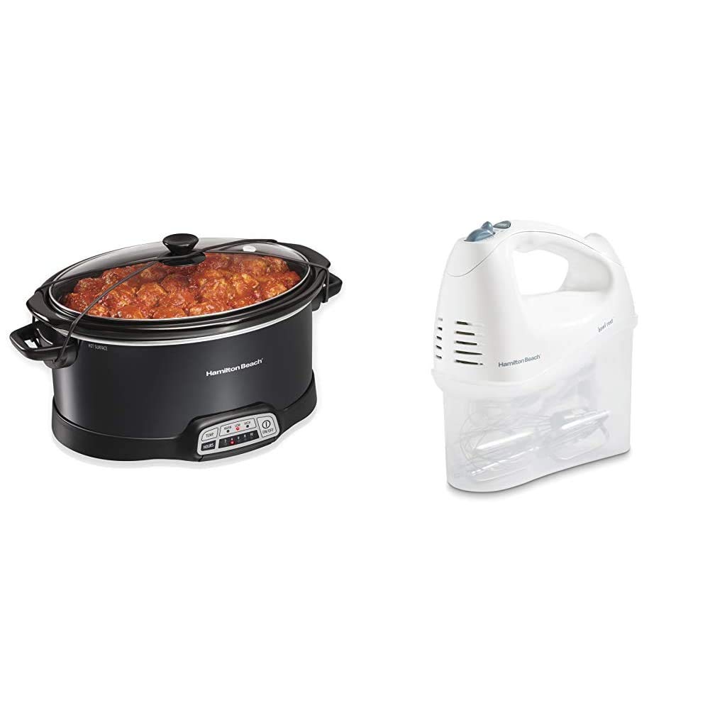 Hamilton Beach 7-Quart Programmable Slow Cooker with Lid Latch & 6-Speed Electric Hand Mixer Set - Perfect for Meal Prep, Baking, and Family Gatherings