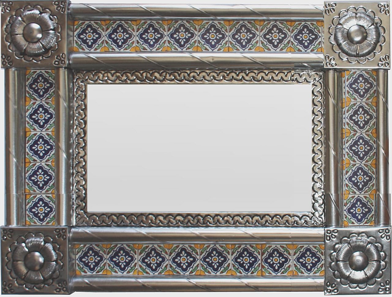Large Silver Sunflower Tile Mexican Mirror - Handcrafted Wall Decor for Living Room, Bedroom & Bathroom | Boho Chic Home Accent