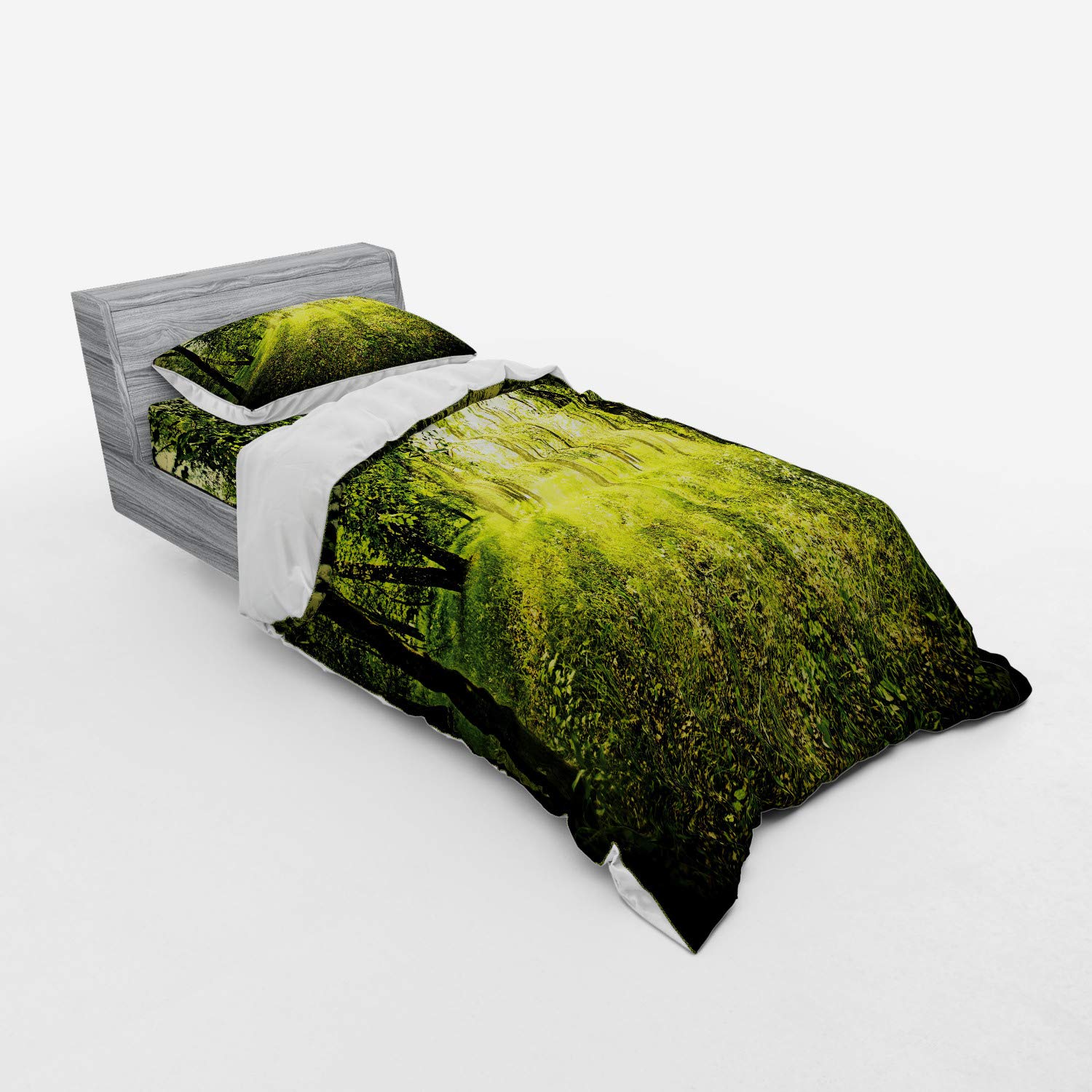 Ambesonne Magic 3-Piece Twin Bedding Set - Nature Inspired Green Duvet Cover with Sham & Fitted Sheet | Summer Sunset Wilderness Mist Theme | Perfect for Guest Rooms, Dorms & Cozy Bedroom Decor