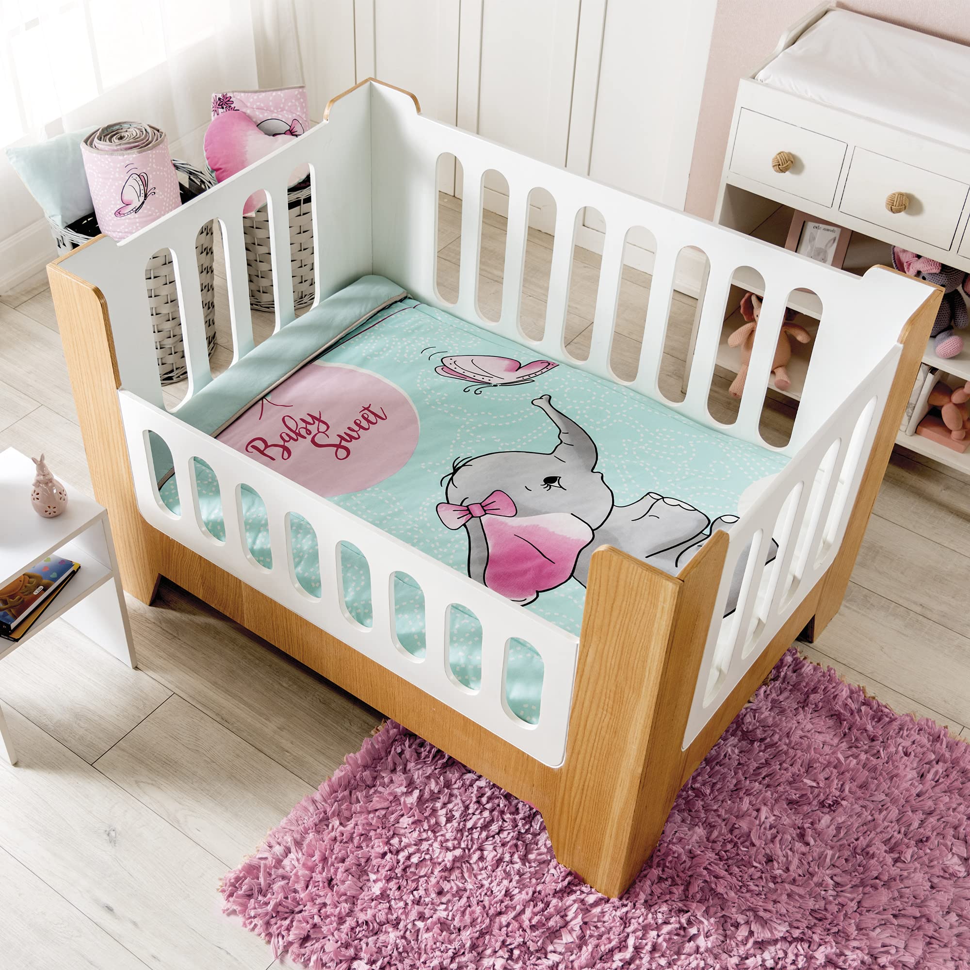 Elephant Crib Bedding Set 4-Piece for Girls - Soft Comforter, Fitted Sheet & Crib Skirt - Adorable Nursery Bedding with Butterfly Design | Perfect for Baby Shower Gifts & Nursery Decor