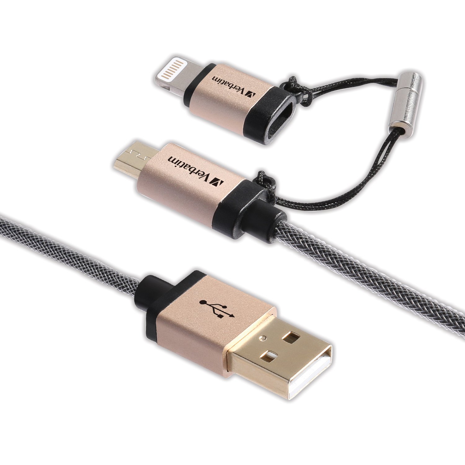 Verbatim Sync & Charge Micro USB Cable with Lightning Adapter - 47 Inch Braided Champagne Gold Cable for iPhone, Android, iPad - Fast Charging & Data Transfer for Home, Office, Travel