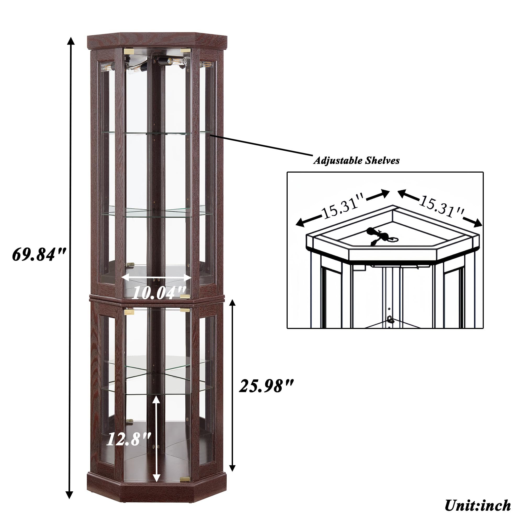 Dark Cherry Corner Curio Cabinet with LED Light - 69
