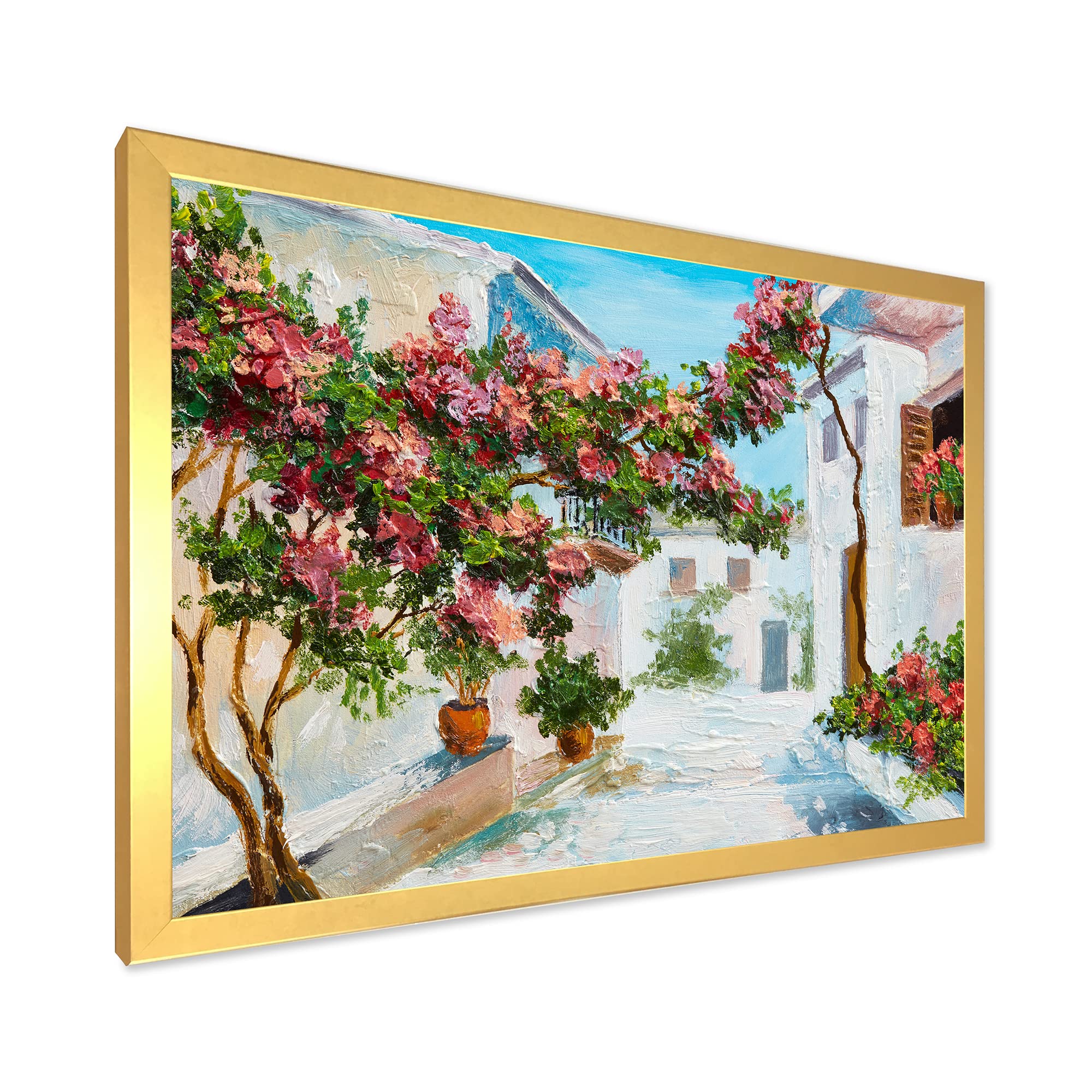 DesignQ White House with Blossoming Flowers Coastal Framed Wall Art - Perfect for Beach House Decor, Living Room & Bedroom Wall Decor