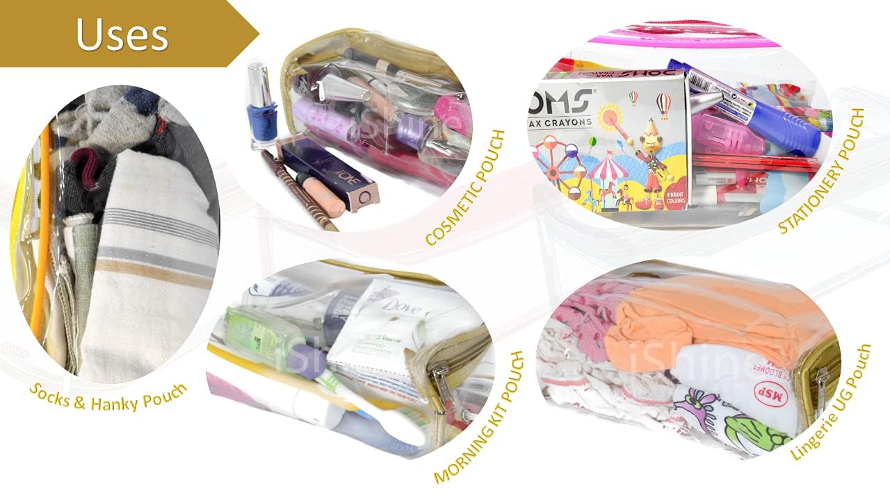 iShine Large Transparent & Gold Travel Zipper Pouch for Men & Women - Multipurpose Morning Organizer for Toiletries, Cosmetics & Travel Essentials (2-Pack) | Perfect for Airplane Carry-on, Gym Bag & Daily Use