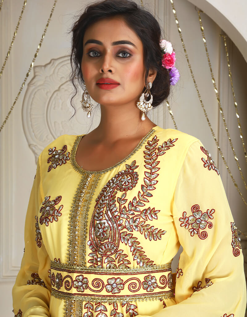 Exquisite Arabic Ivory Georgette Stone Embroidered Moroccan Caftan - Perfect for Weddings, Parties & Special Occasions